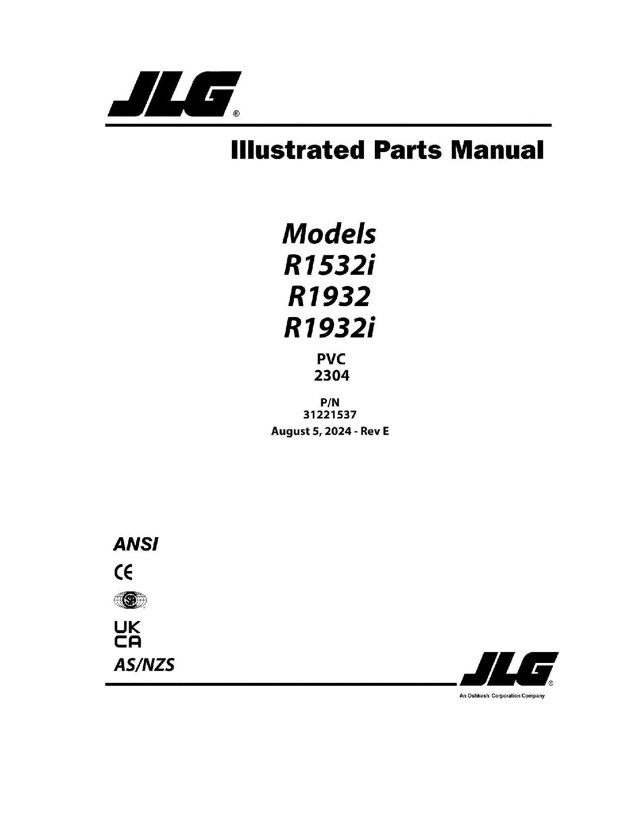 JLG R1532i R1932 R1932i Scissor Lift Parts Catalog Manual