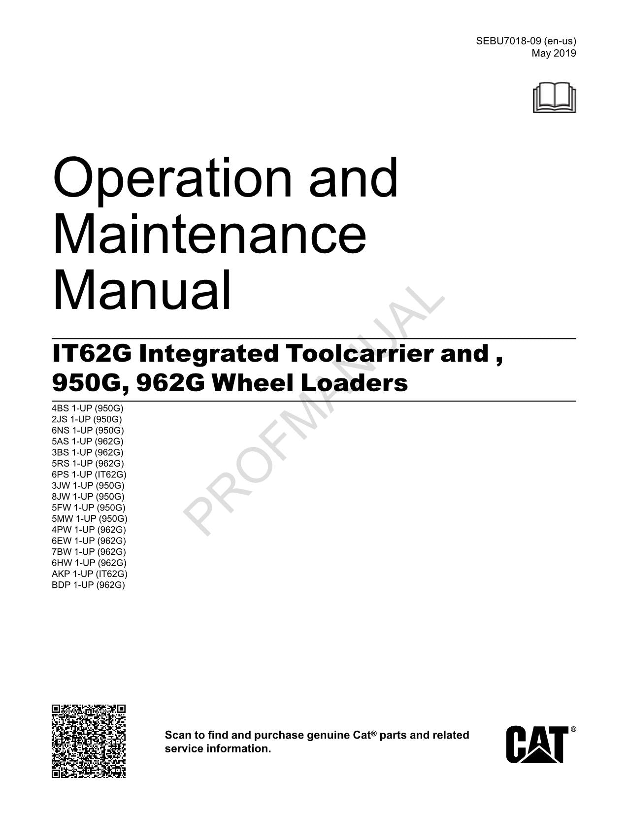 Cargador de ruedas Caterpillar IT62G con portaherramientas integrado 950G 962G Manual del operador