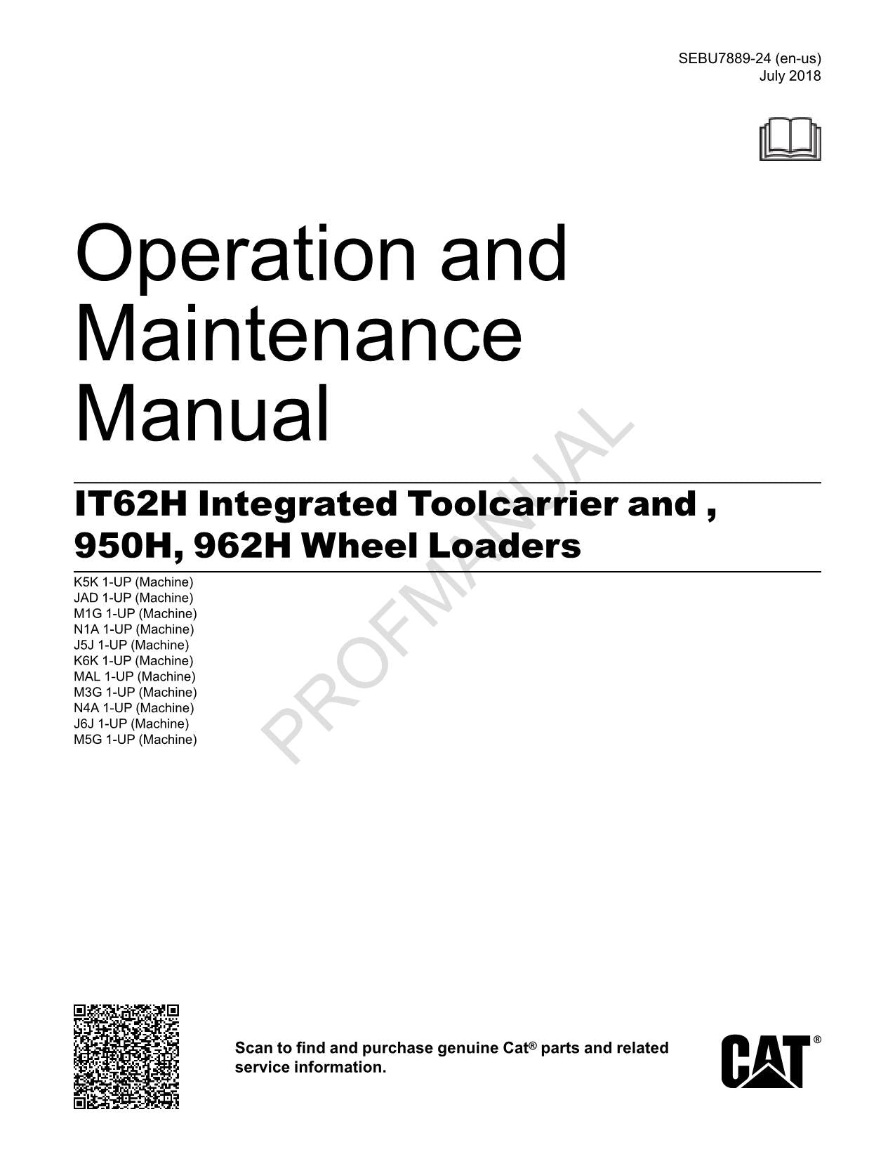 Cargador de ruedas Caterpillar IT62H con portaherramientas integrado 950H 962H Manual del operador