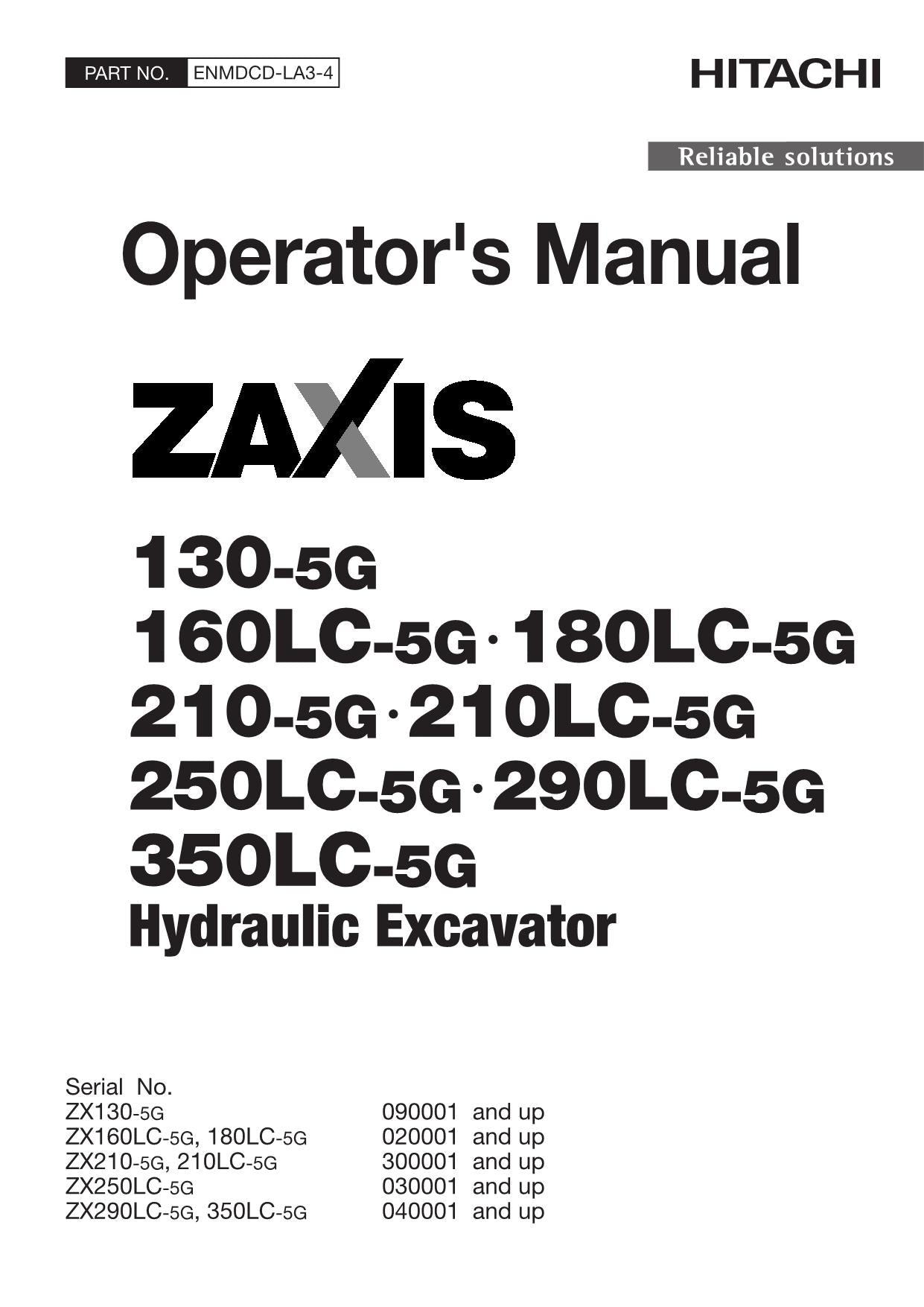 HITACHI ZAXIS ZX 130-5G 160LC-5G 180LC-5G 210-5G EXCAVATOR OPERATORS MANUAL