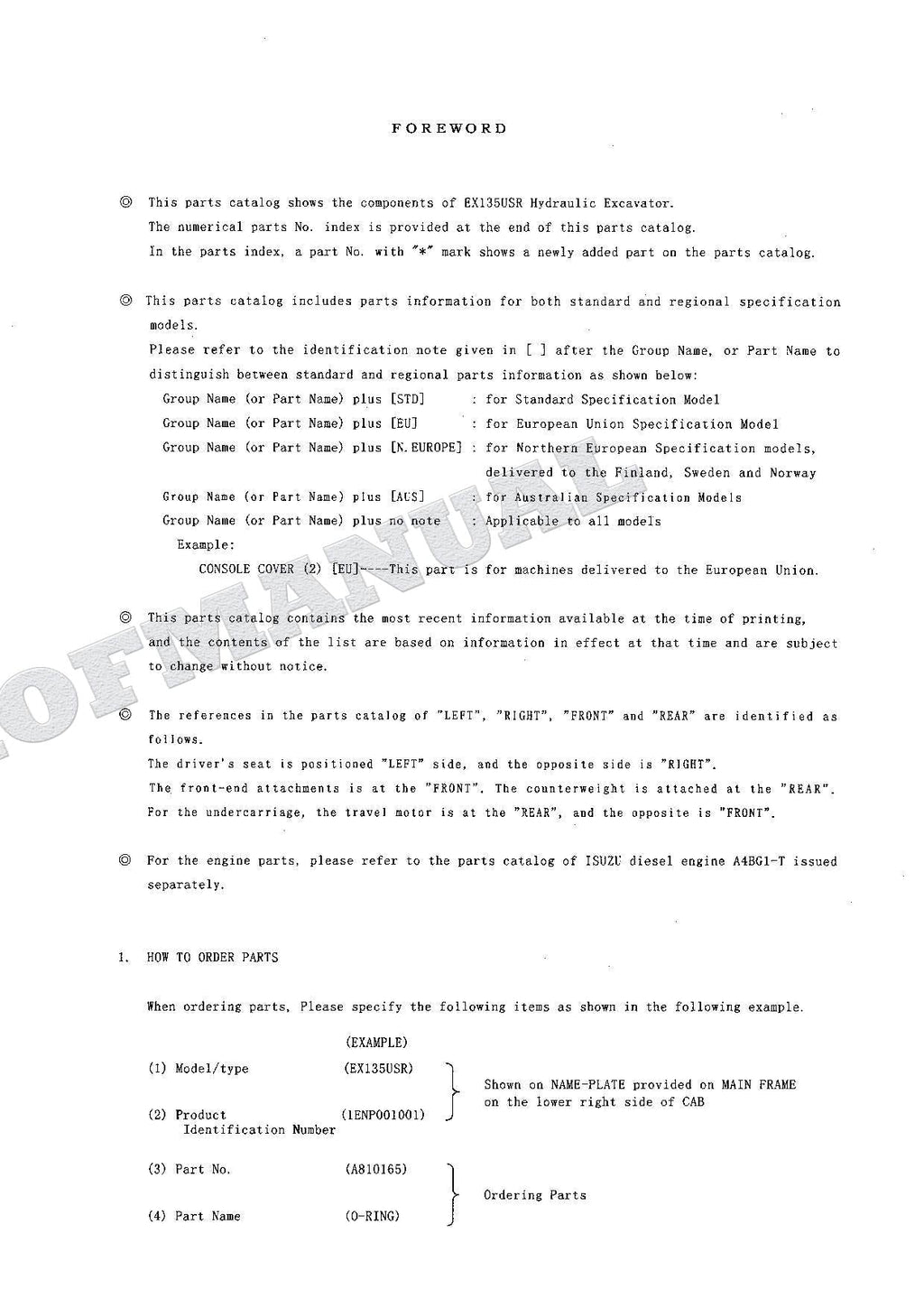 HITACHI EX135USR Excavator Parts Catalog Manual SN 001001-