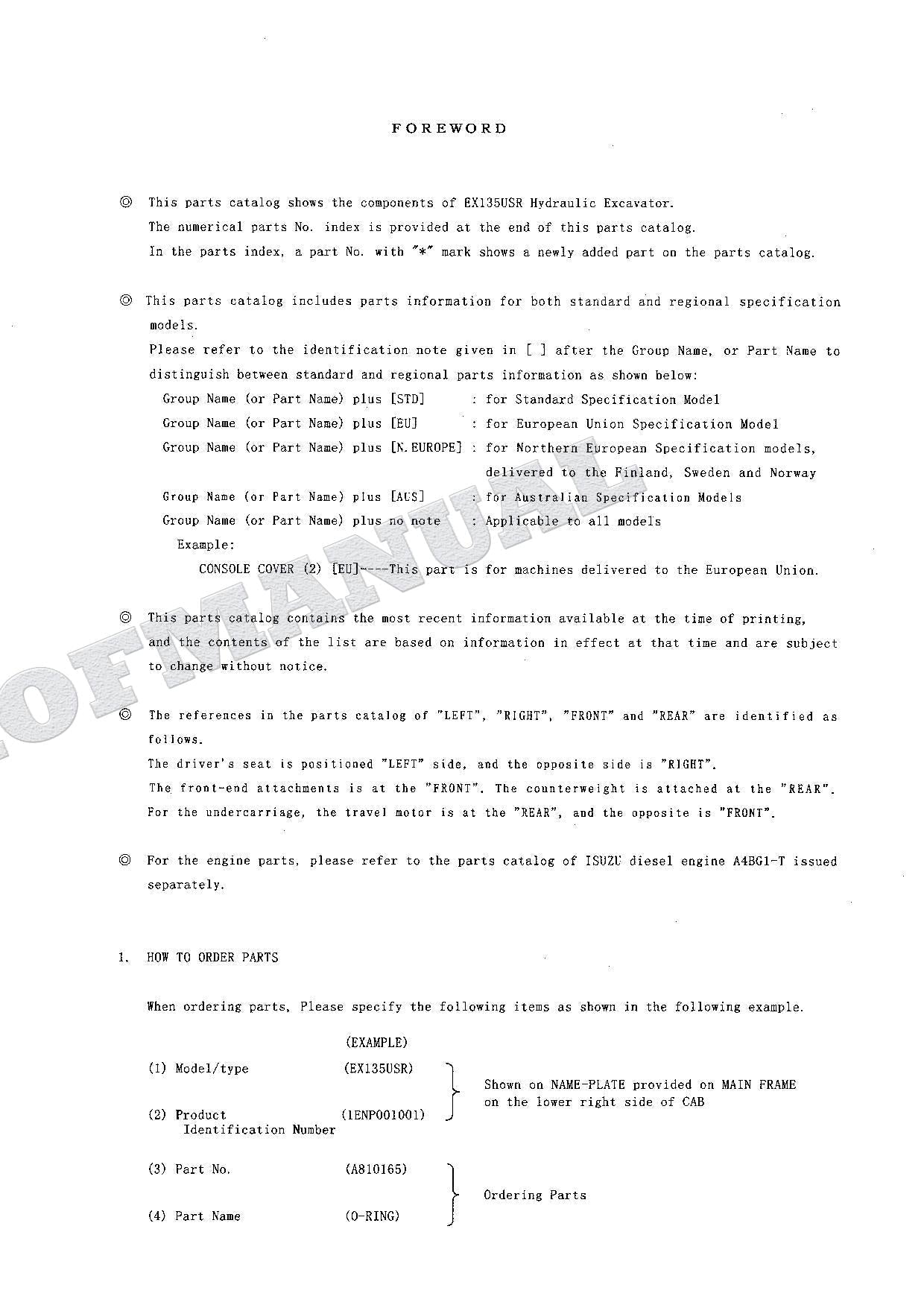 HITACHI EX135USR Excavator Parts Catalog Manual SN 001001-