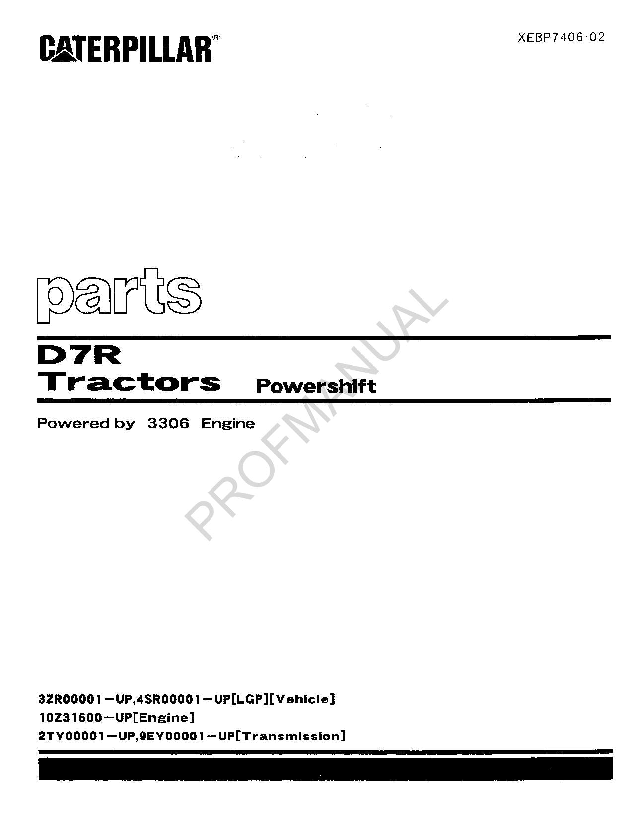 Caterpillar Cat D7R Tractor Powershift Parts Catalog Manual XEBP7406