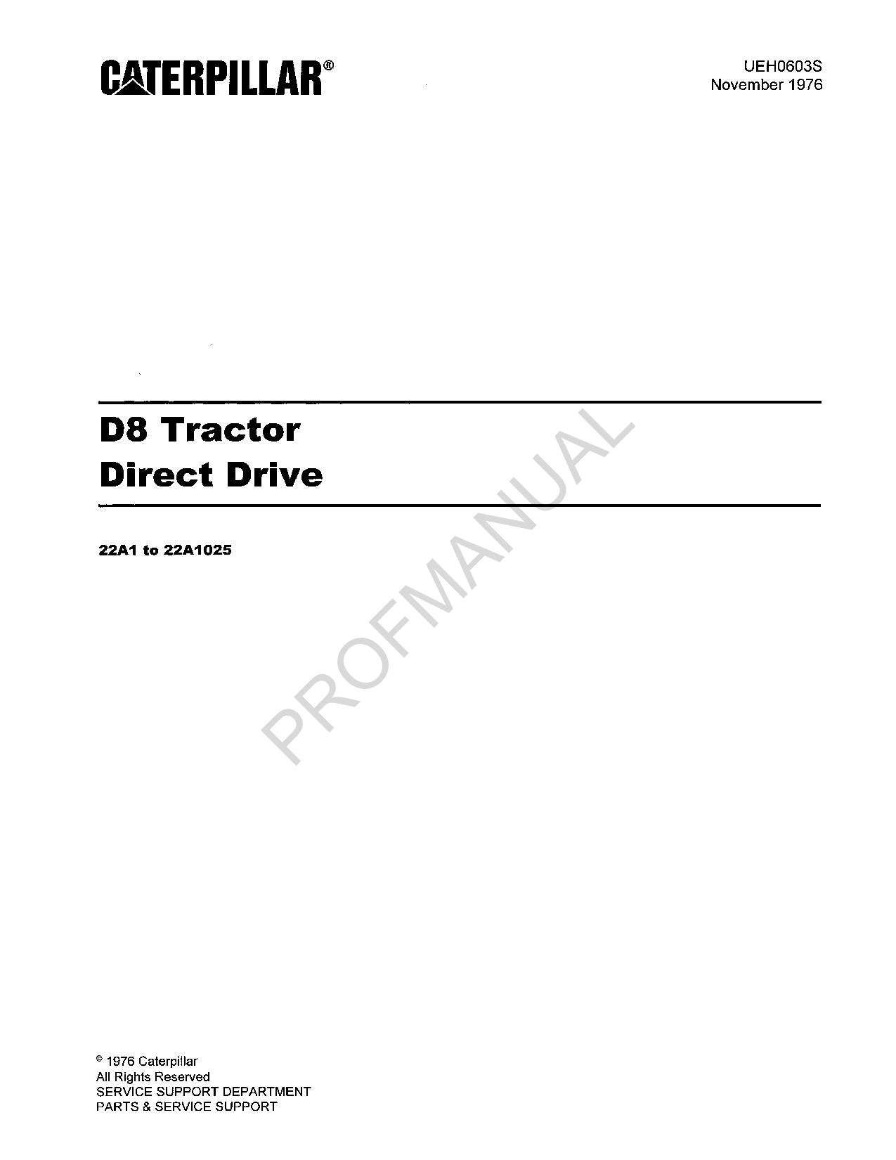 Caterpillar Cat D8 Tractor Direct Drive Parts Catalog Manual ser 22A1-1025