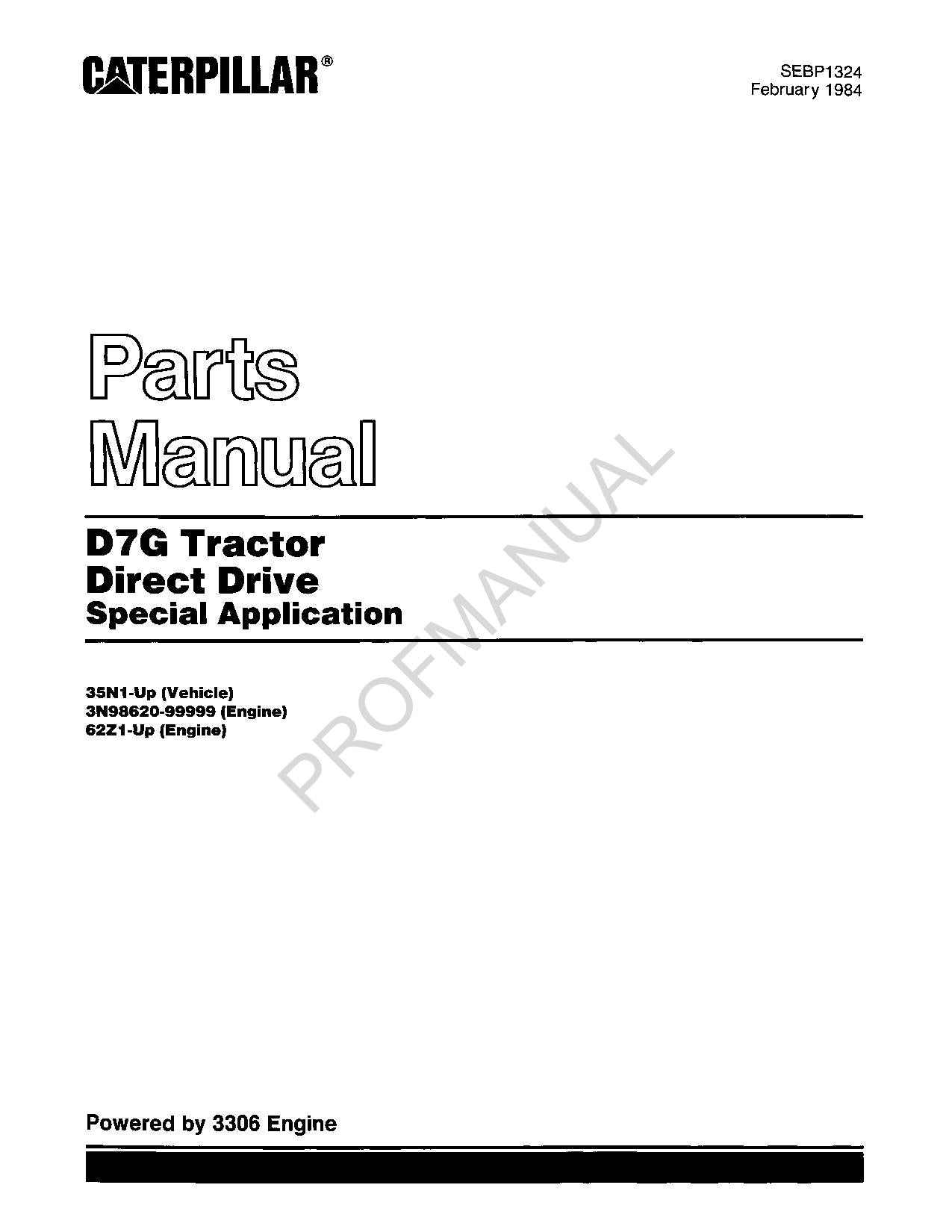 Caterpillar D7G Tractor Direct Drive Application Parts Catalog Manual SEBP1324