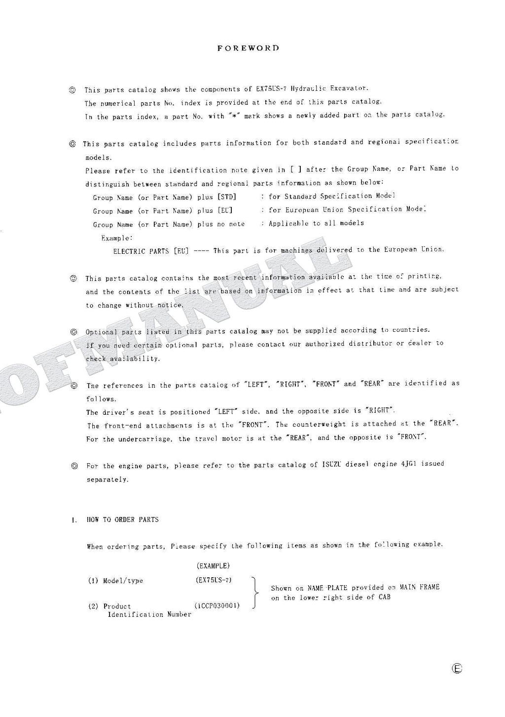 HITACHI EX75US-7 Excavator Parts Catalog Manual SN 030001-