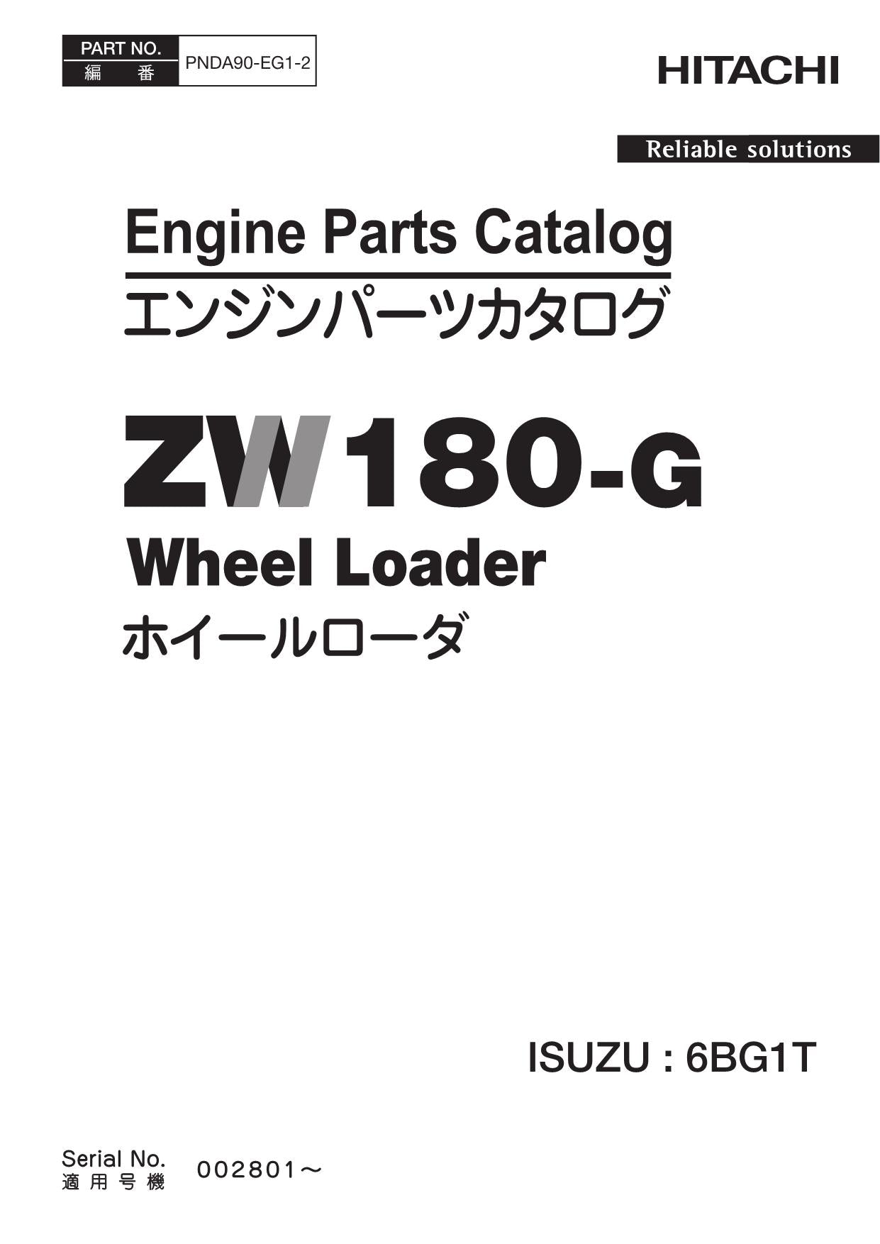 Hitachi ZW180-G ISUZU 6BG1T Eng Wheel Loader Parts Catalog Manual SN 002801-up