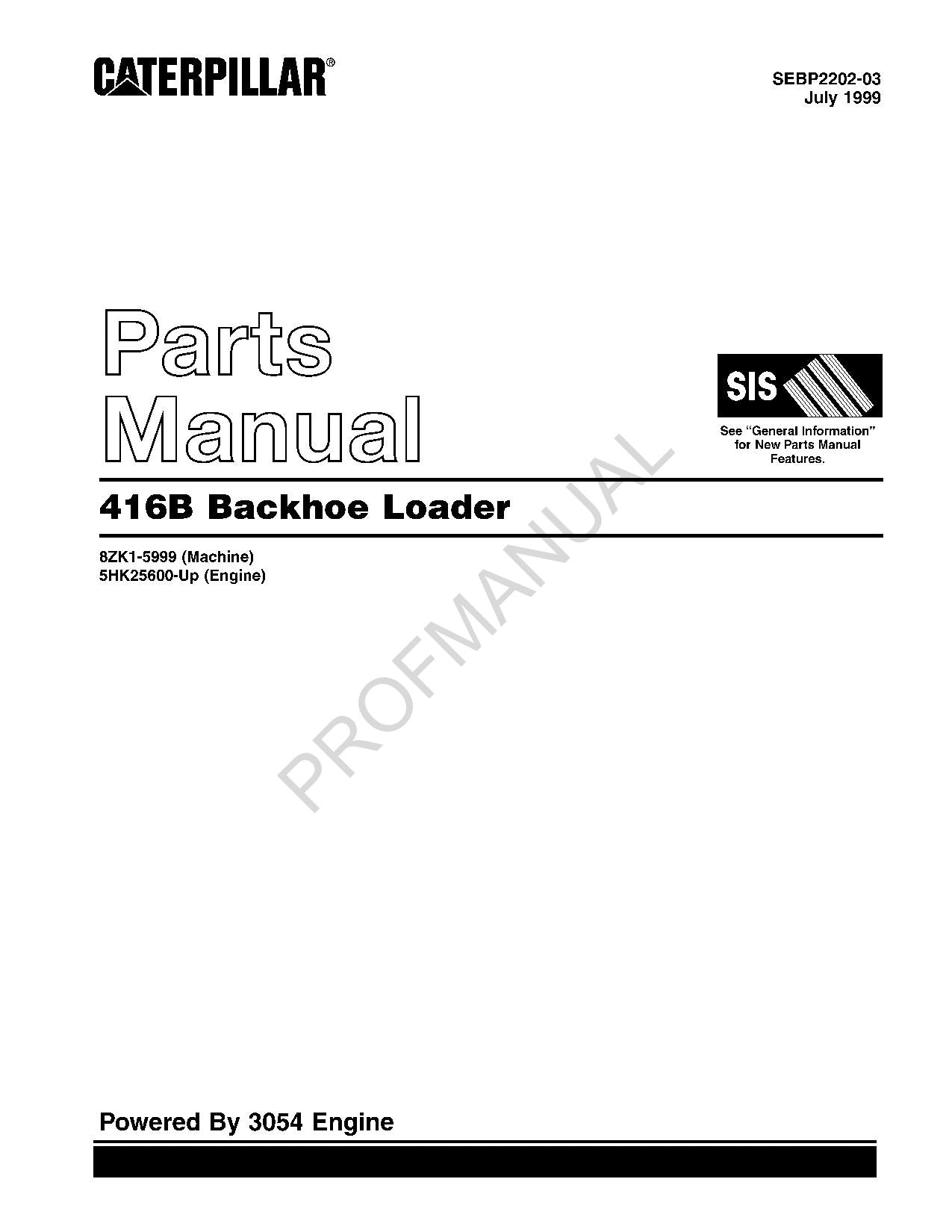 Caterpillar Cat 416B Backhoe Loader Parts Catalog Manual SEBP2202