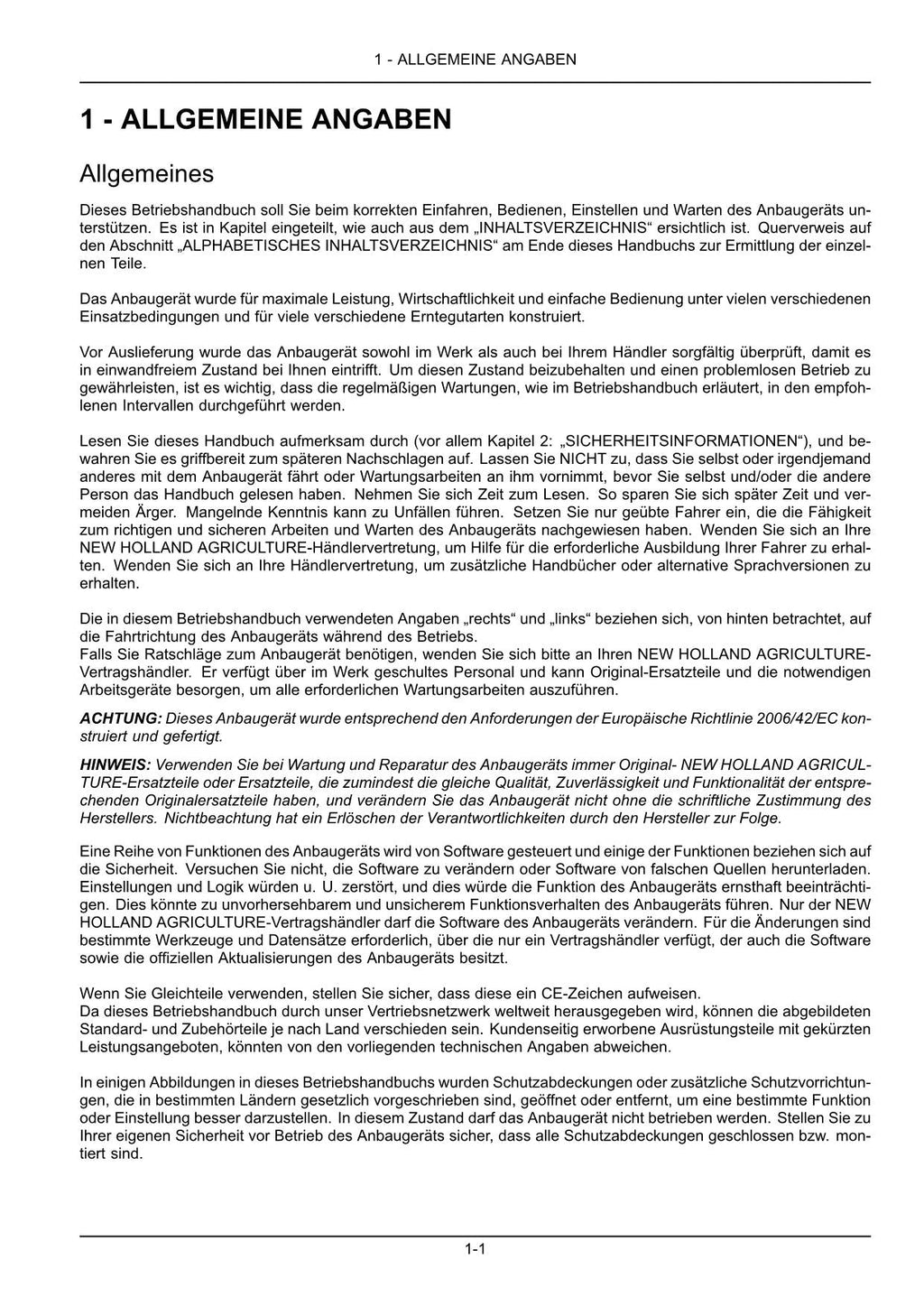 New Holland High Capacity Rice Schneidwerk Betriebsanleitung Ab 9996