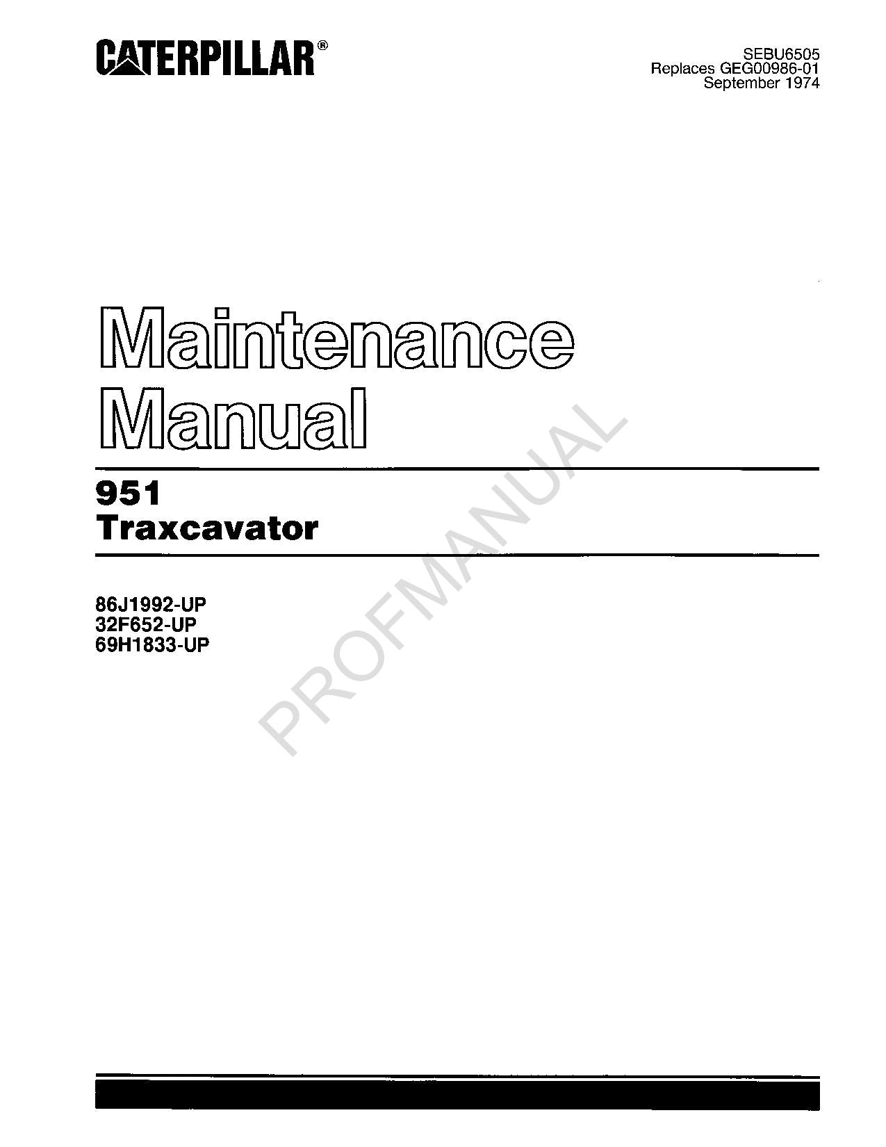 Manual de mantenimiento del operador de la excavadora Caterpillar 951 SEBU6505