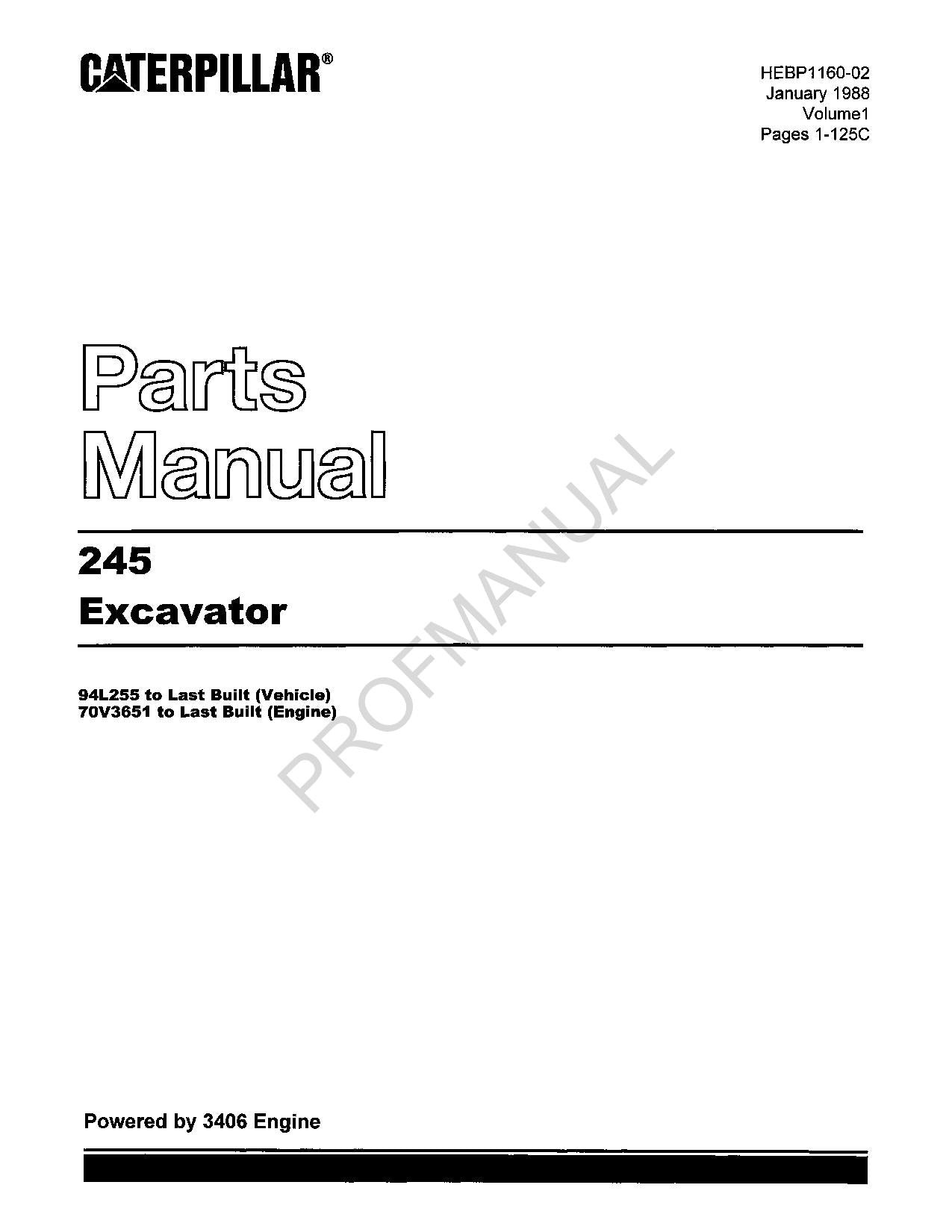 Caterpillar Cat 245 Excavator Parts Catalog Manual