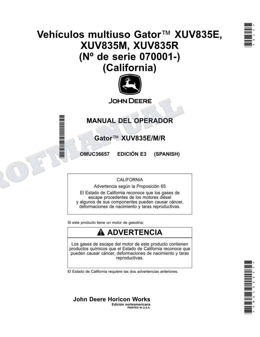 John Deere XUV 835E XUV 835R XUV 835M cocodrilo Manual del Operador 070001-