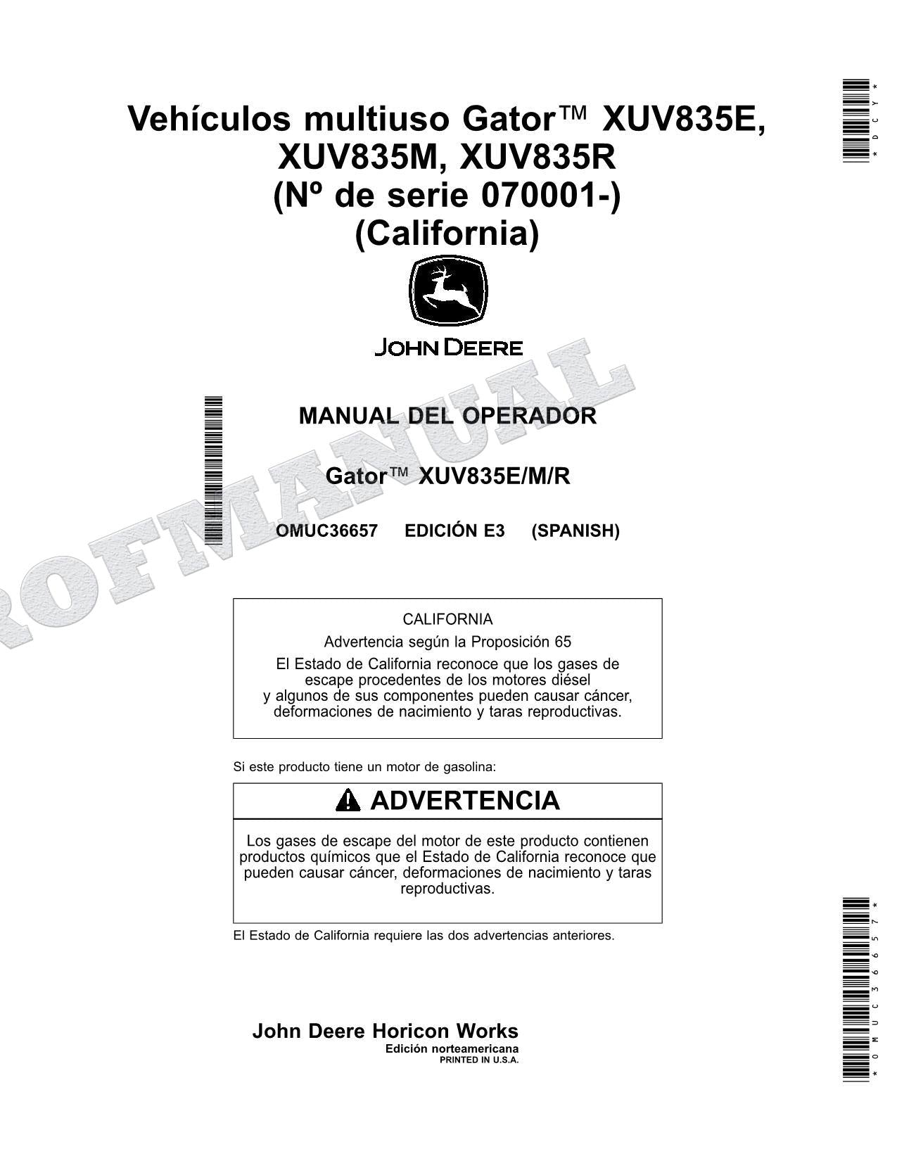 John Deere XUV 835E XUV 835R XUV 835M cocodrilo Manual del Operador 070001-