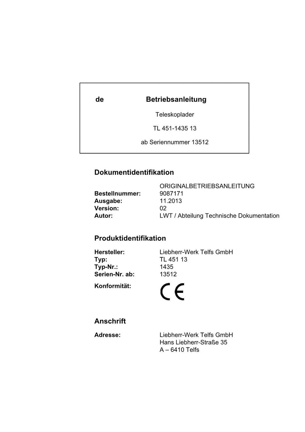 Liebherr TL451 13 Teleskoplader Betriebsanleitung
