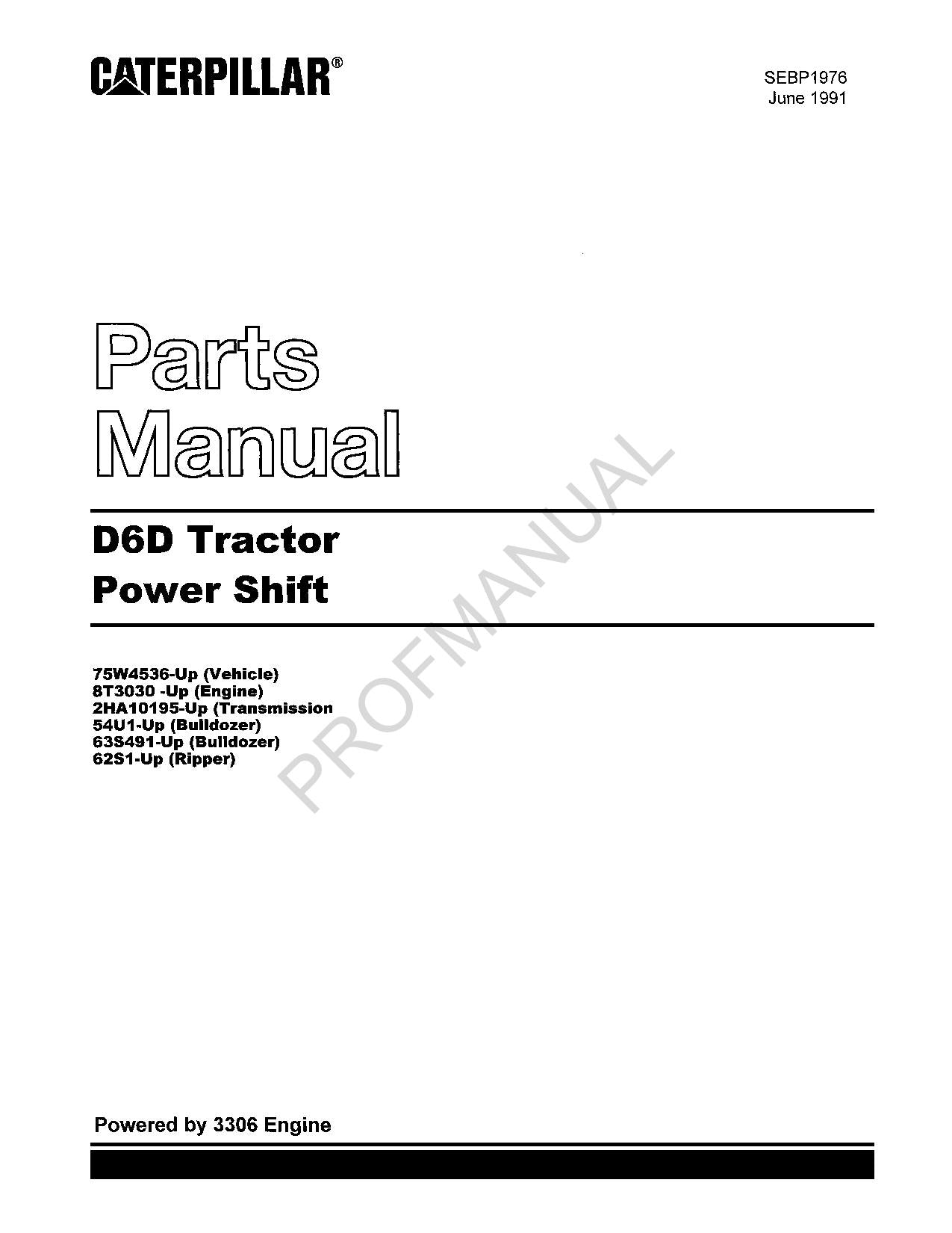 Caterpillar Cat D6D Tractor Power Shift Parts Catalog Manual SEBP1976