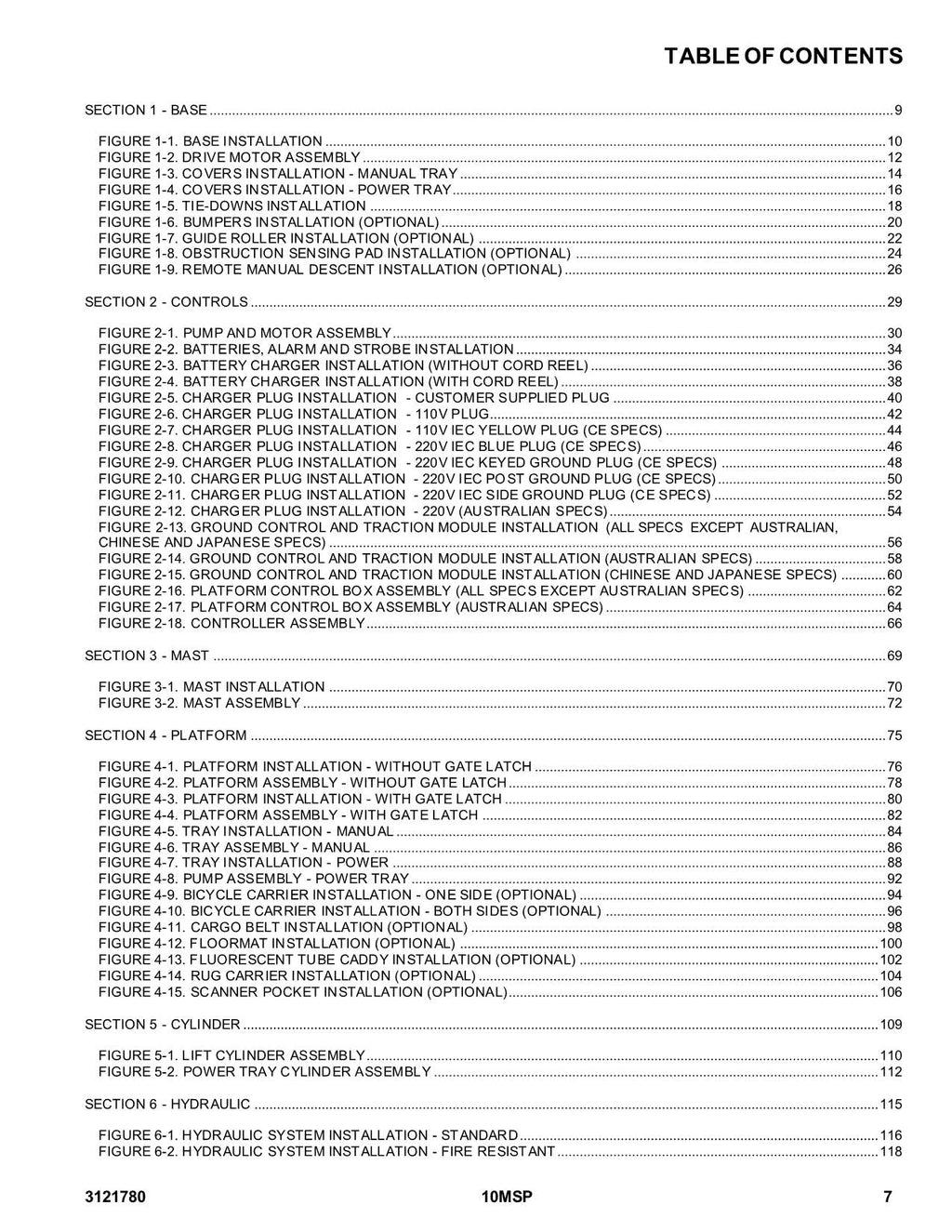 JLG 10MSP Vertical Mast Parts Catalog Manual