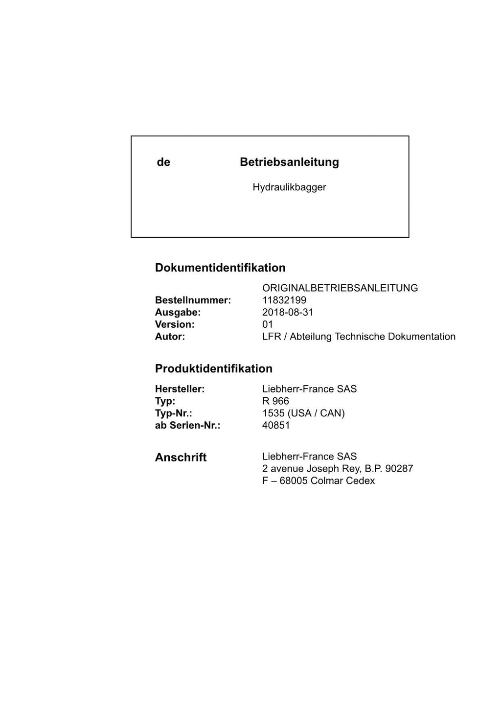 Liebherr R966 Hydraulikbagger Betriebsanleitung ser 40851