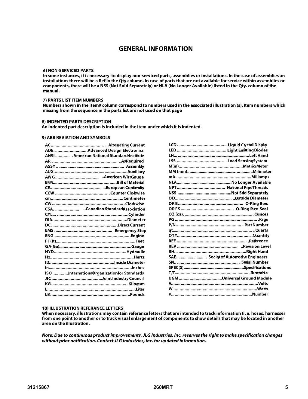 JLG 260MRT Scissor Lift Parts Catalog Hard Copy Manual