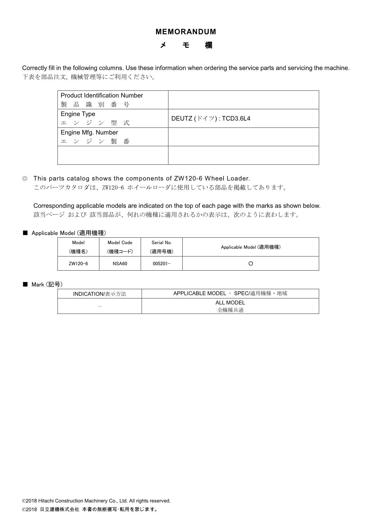 Hitachi ZW120-6 N.America Spec Wheel Loader Parts Catalog Manual SN 005201-up