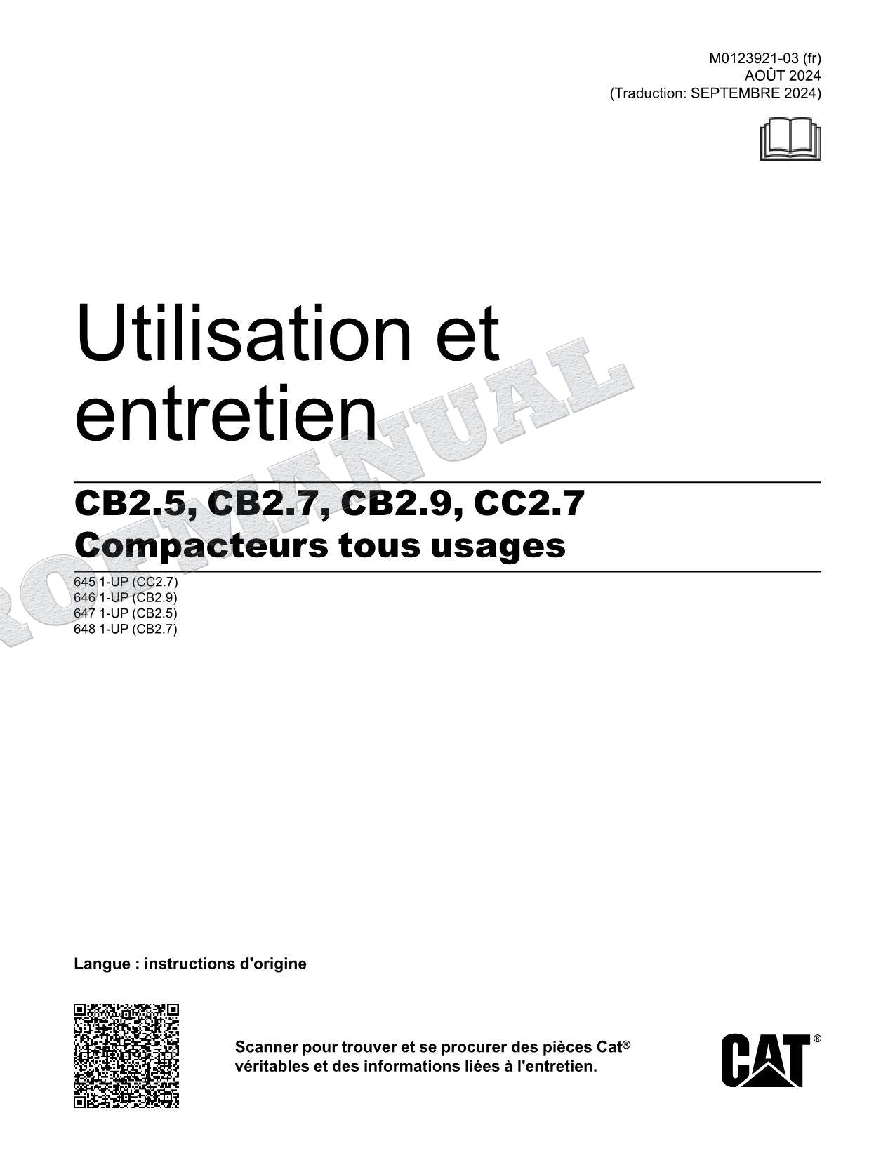 Caterpillar CB2.5 CB2.7 CB2.9 CC2.7 Compacteur Manuel D'Opération Et D'Entretien