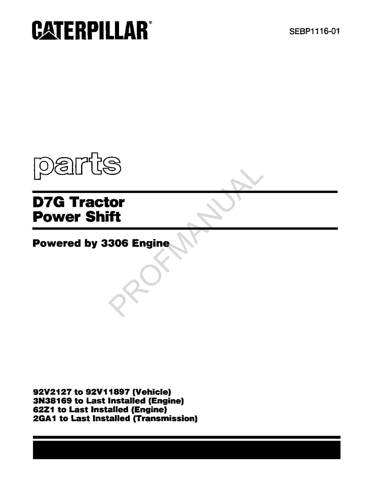 Caterpillar Cat D7G Tractor Power Shift Parts Catalog Manual SEBP1116