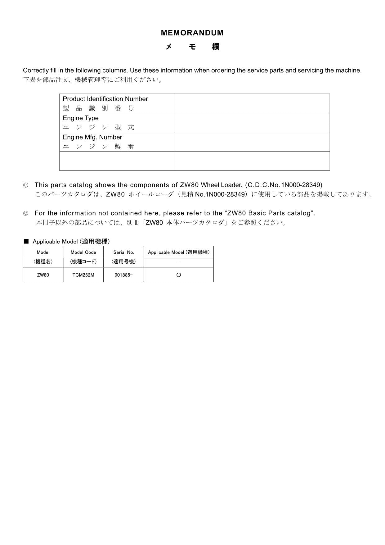 Hitachi ZW80 C.D.C.No.1N000-28349 Wheel Loader Parts Catalog Manual SN 001885-up