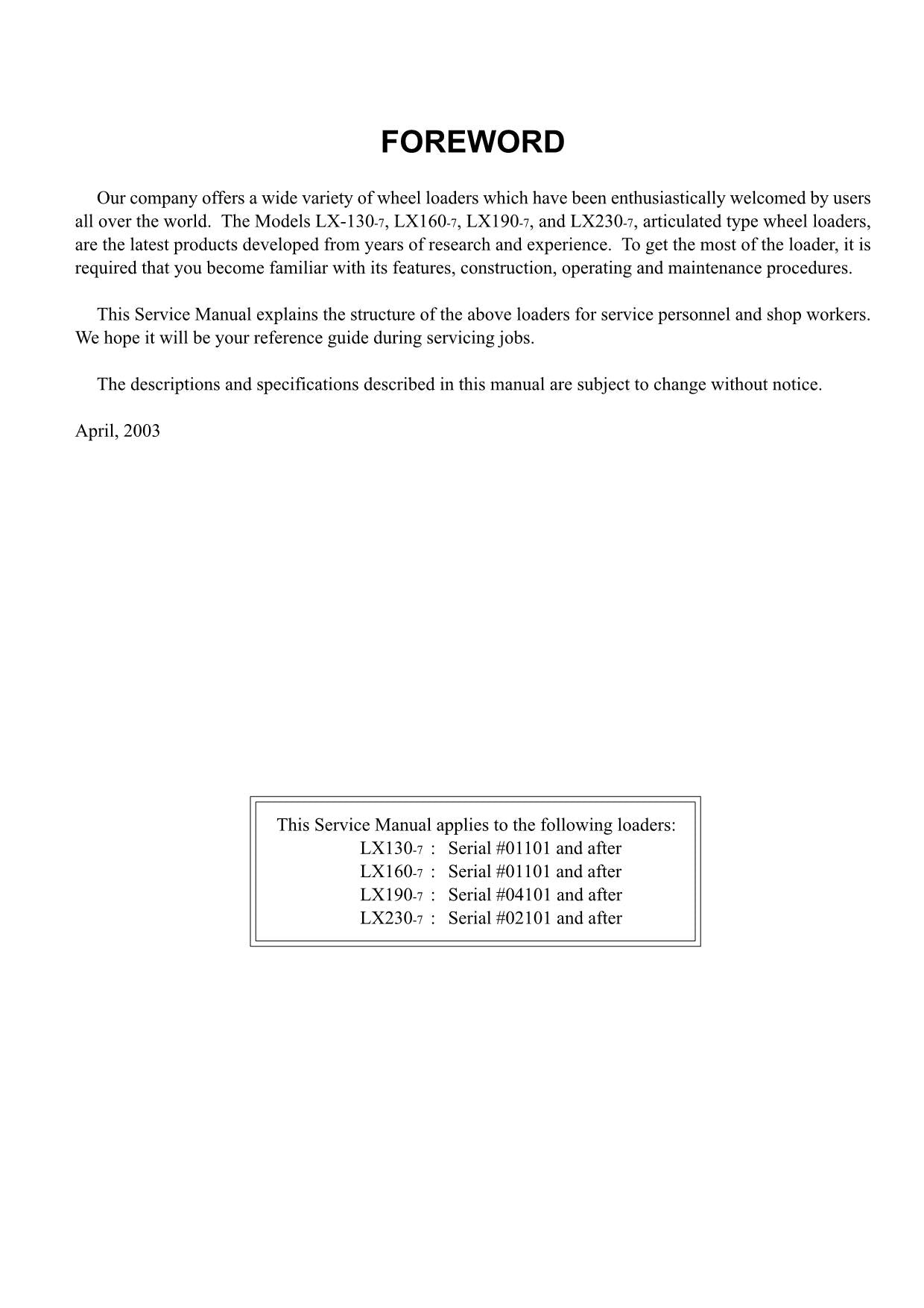 Hitachi LX130-7 LX160-7 LX190-7 LX230-7 Wheel Loader Tech Manual +Schematics