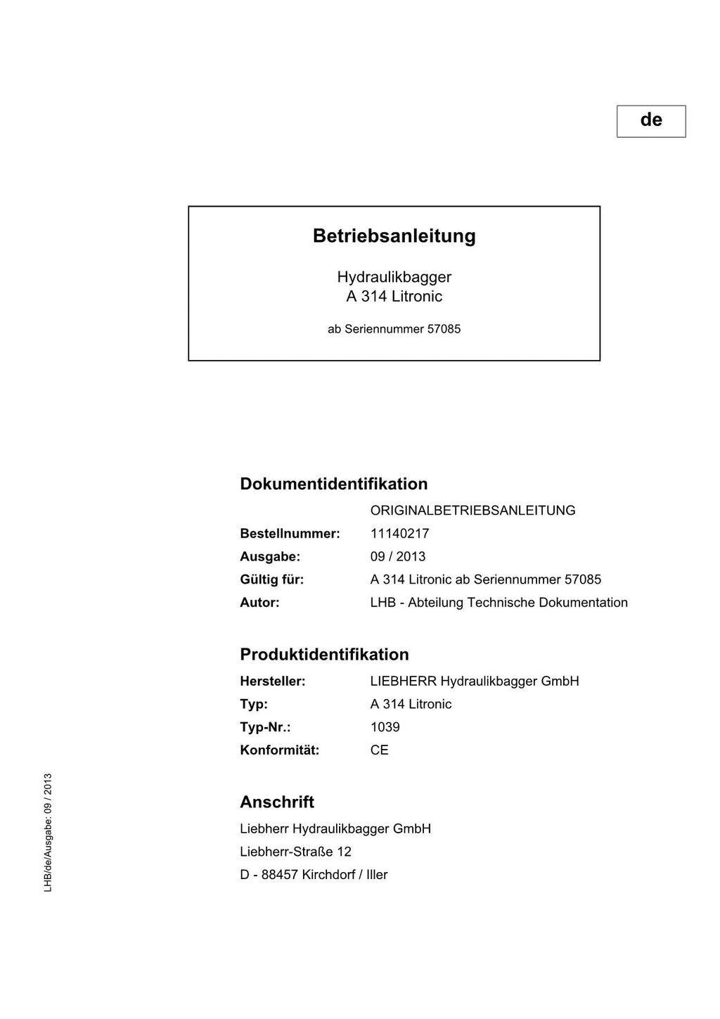 Liebherr A314 Litronic Hydraulikbagger Betriebsanleitung