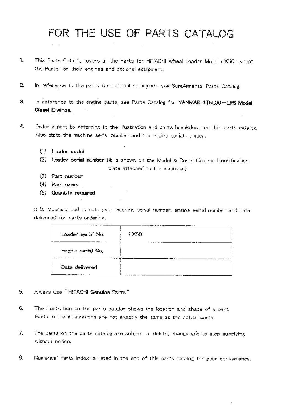 Hitachi LX50 Wheel Loader Parts Catalog Manual SN 0101-up