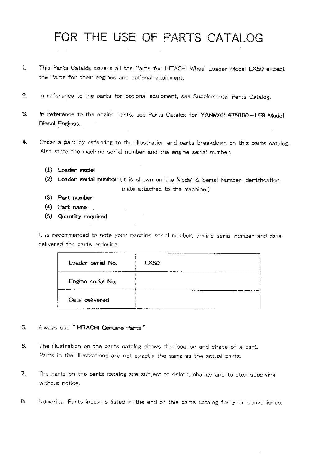 Hitachi LX50 Wheel Loader Parts Catalog Manual SN 0101-up