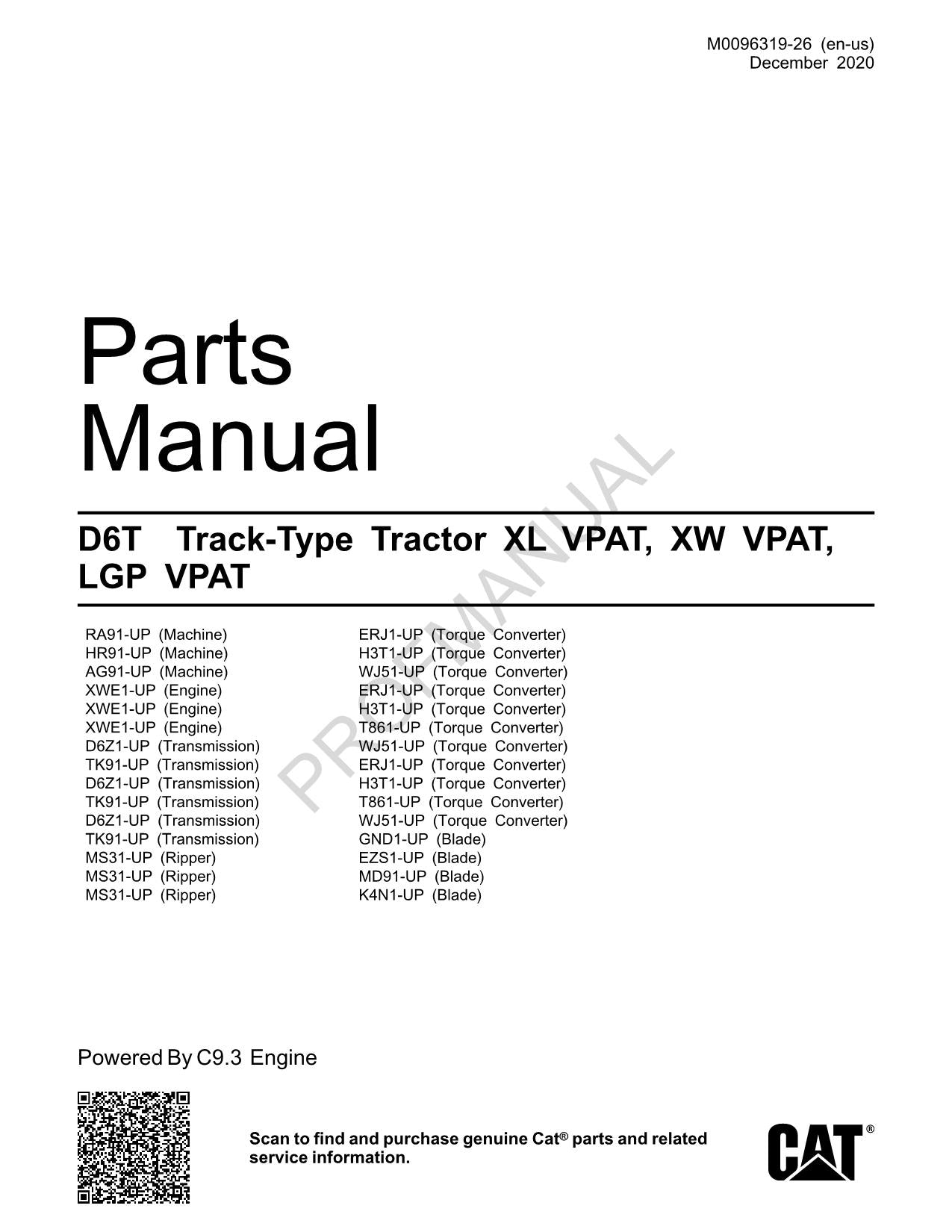 Caterpillar Cat D6T Track Type Tractor Parts Catalog Manual M0096319