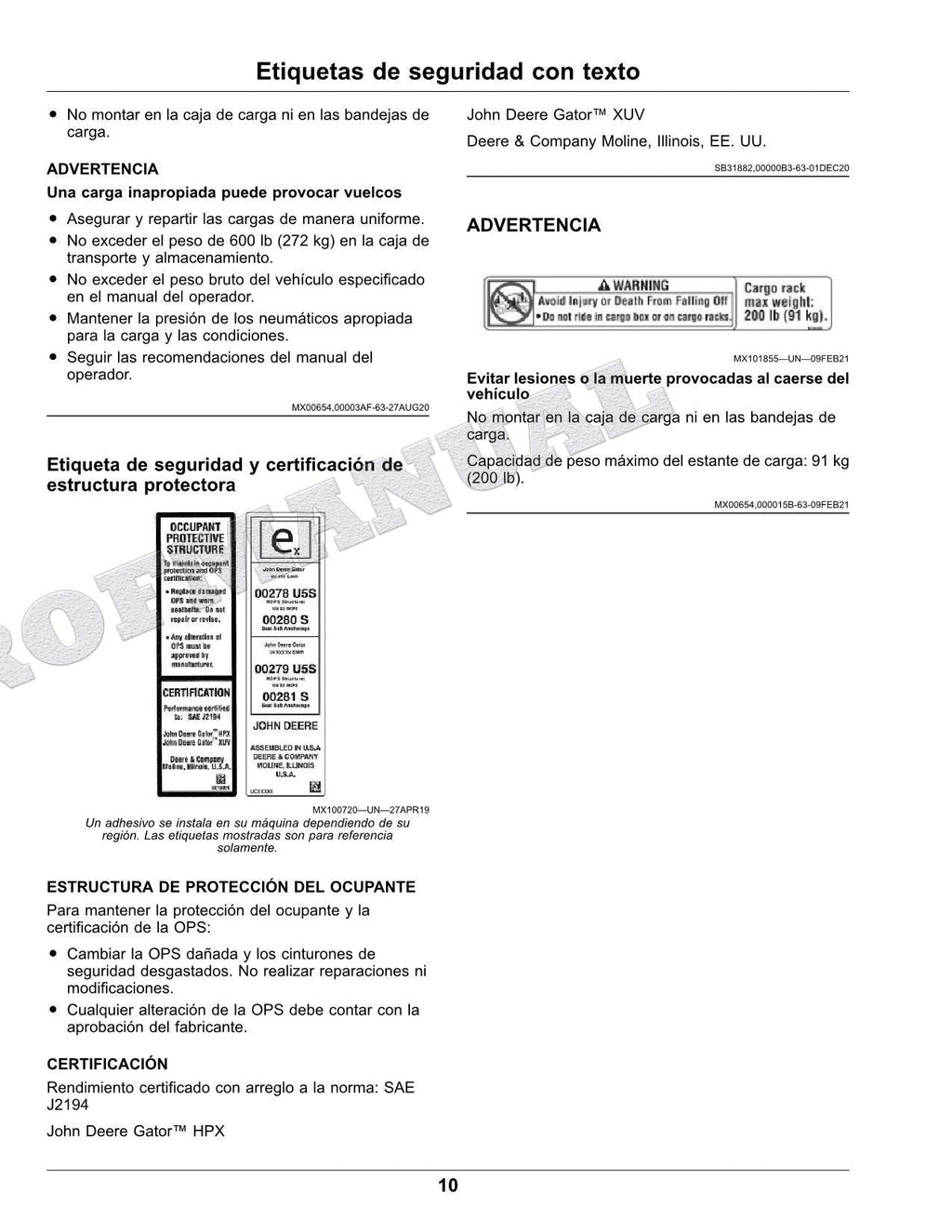 John Deere XUV825M S4 cocodrilo Manual del Operador Español SN 050001-070000