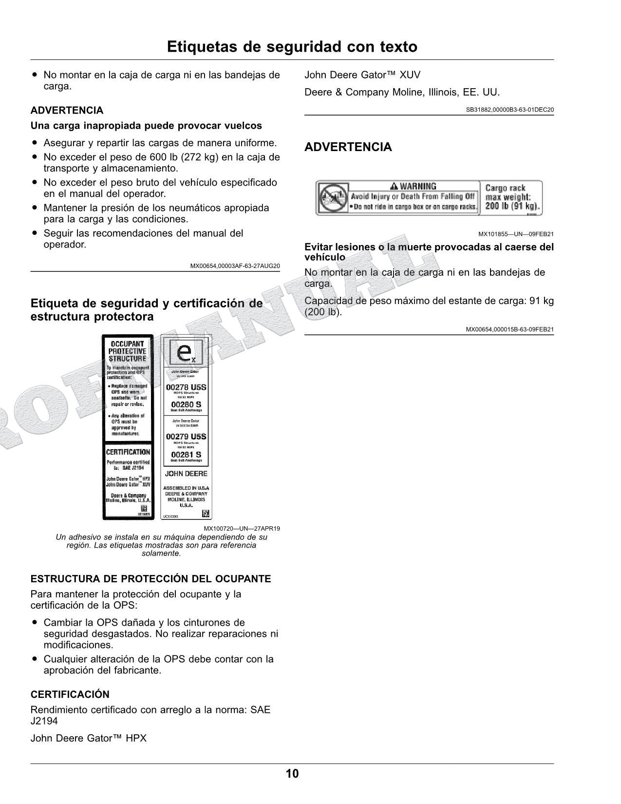 John Deere XUV825M S4 cocodrilo Manual del Operador Español SN 050001-070000