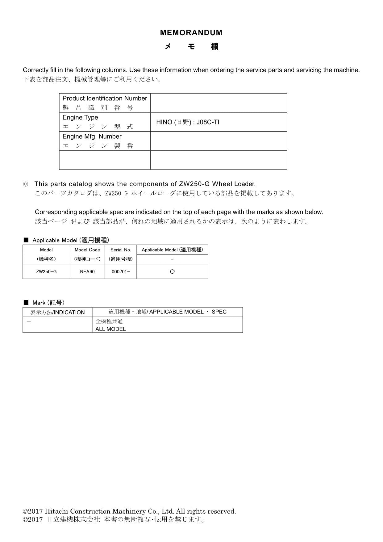 Hitachi ZW250-G Wheel Loader Parts Catalog Manual SN 000701-up