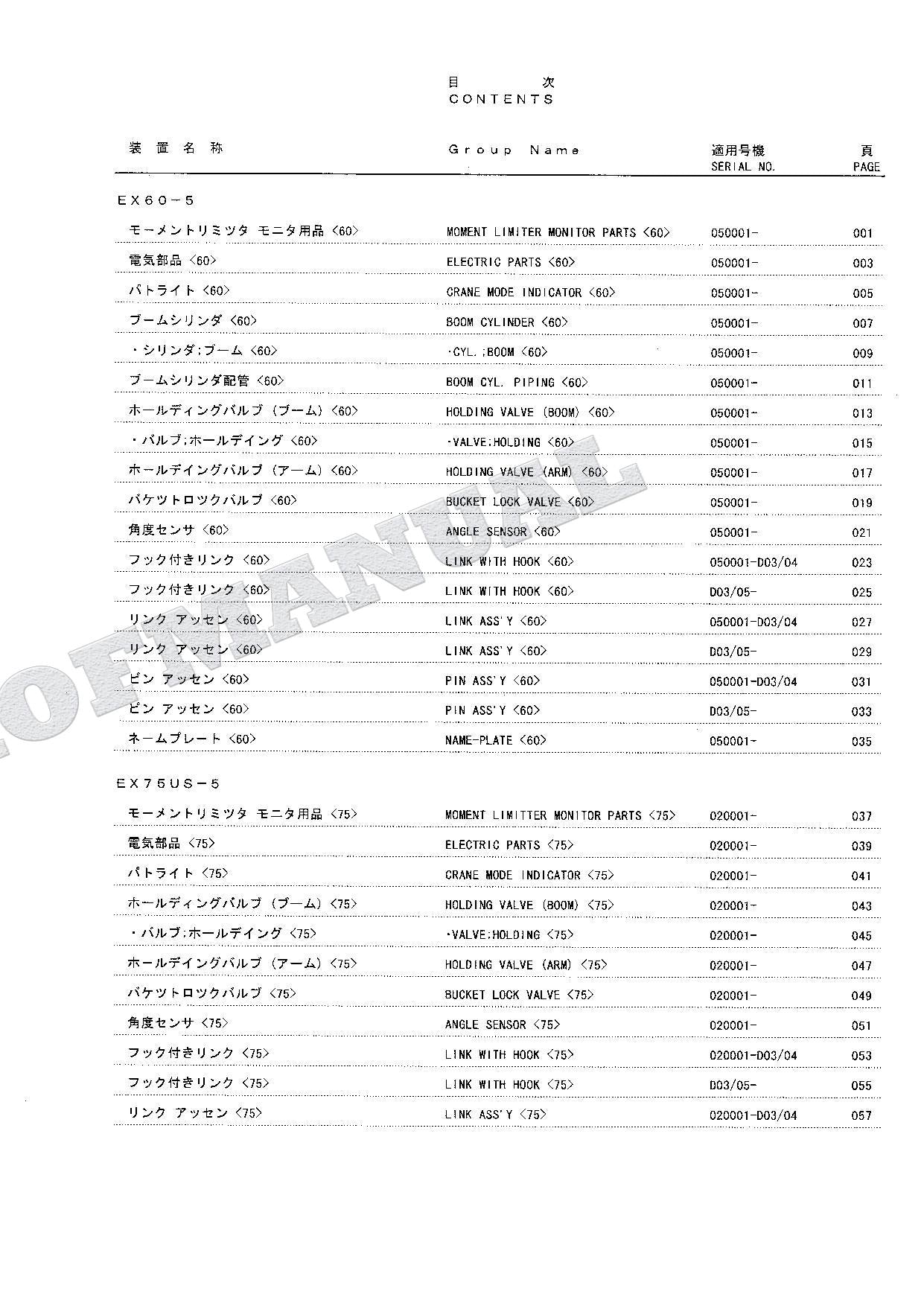 HITACHI EX60-5 EX75US-5 EX100-5 ML Light Crane Excavator Parts Catalog Manual