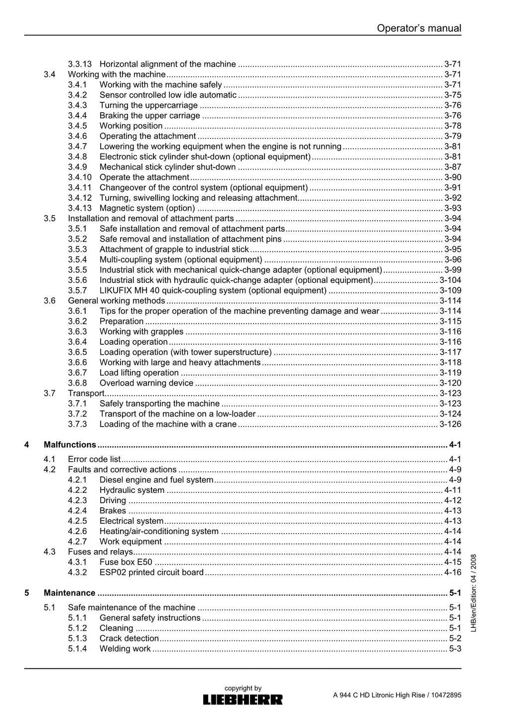 Liebherr A944 C HD Litronic High Rise EXCAVATOR LOGGING MACHINE Operators manual