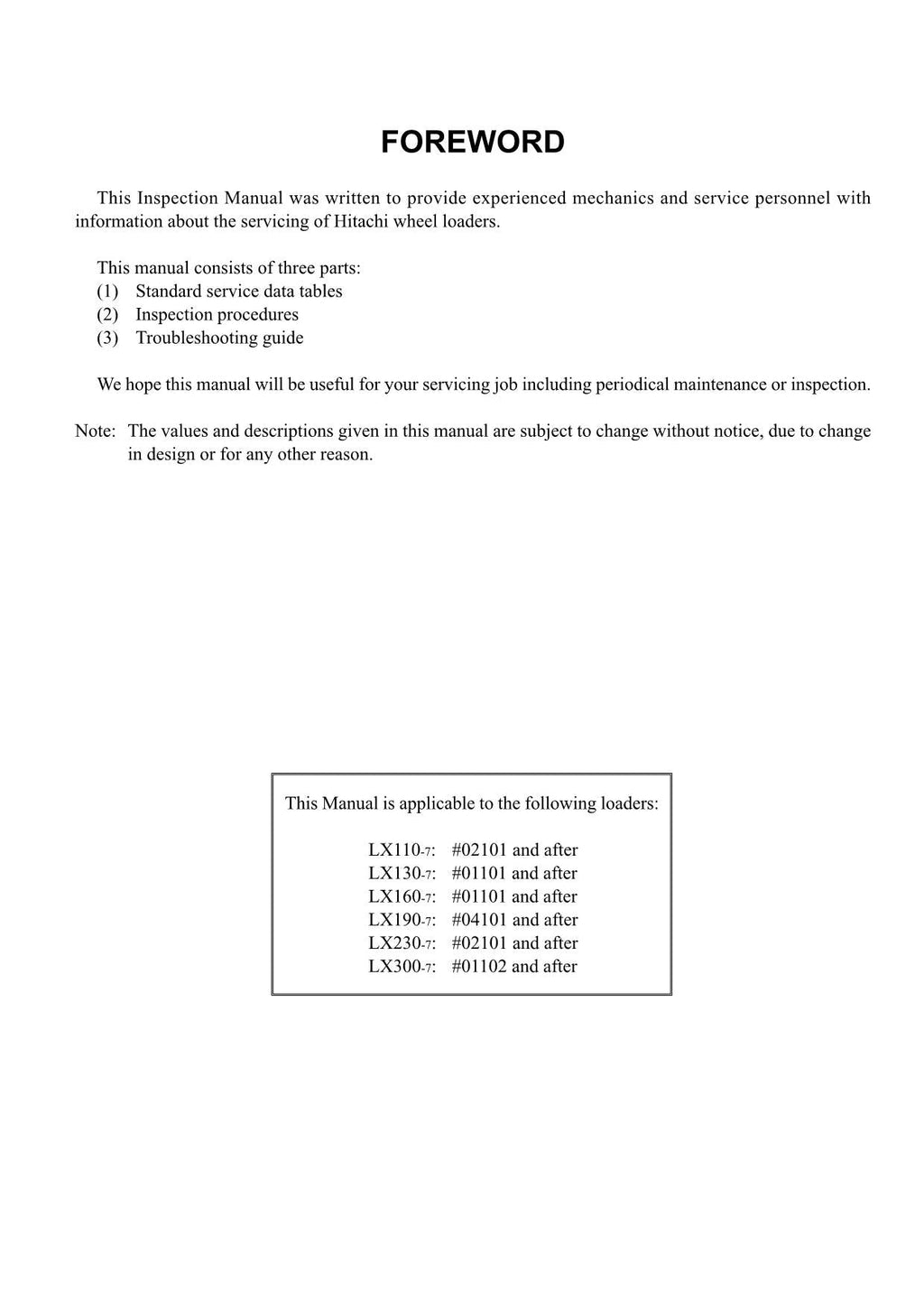 Hitachi LX160-7 LX190-7 LX230-7 LX300-7 LX360E Loader Inspection Manual