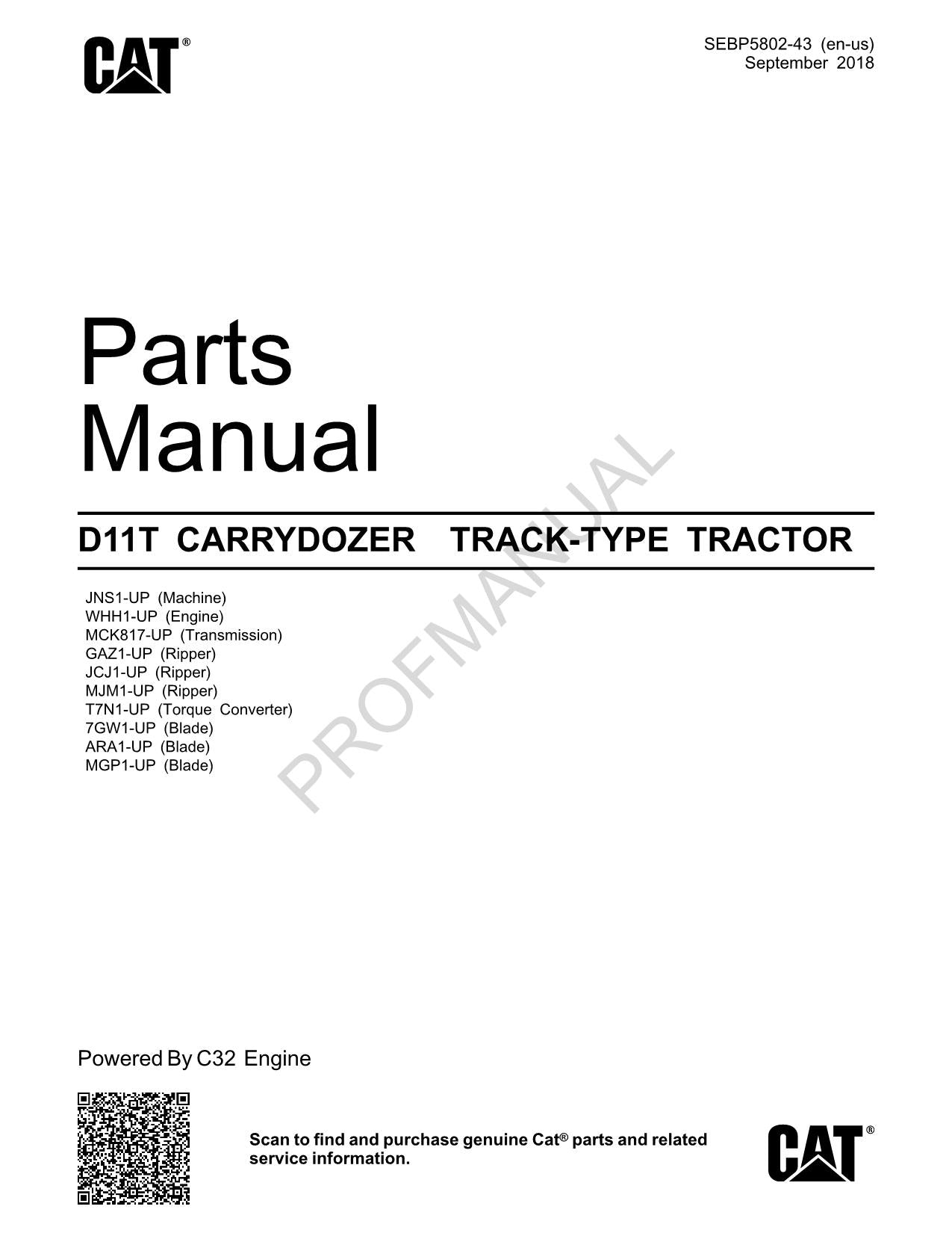 Caterpillar Cat D11T Carrydozer Track Type Tractor Parts Catalog Manual SEBP5802