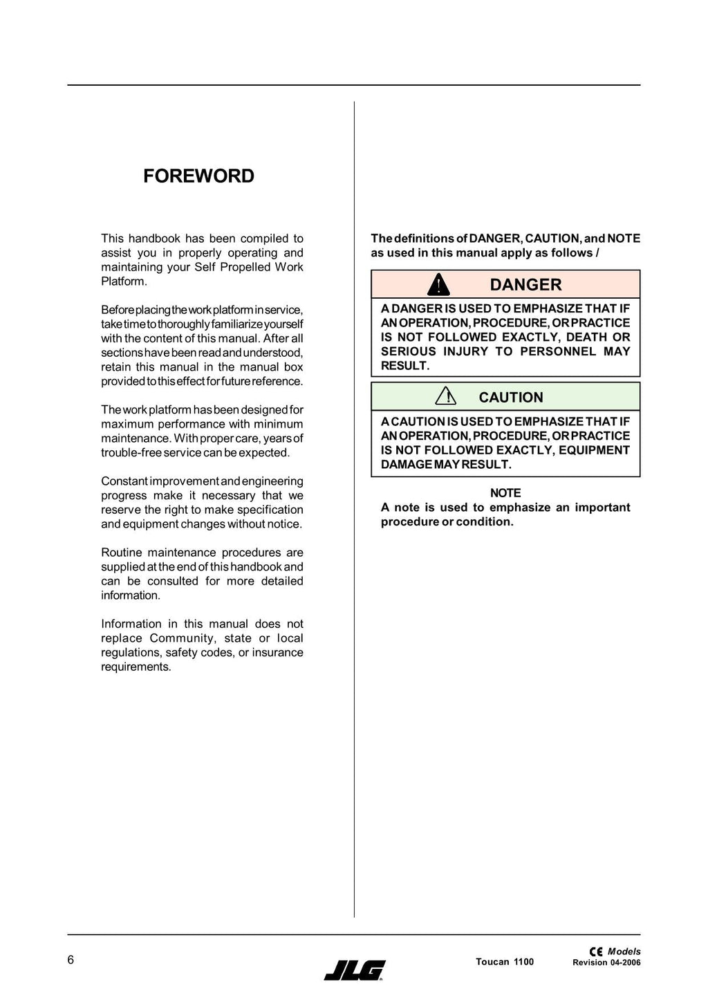 TOUCAN 1100 Vertical Lift Maintenance Operation Operators Manual