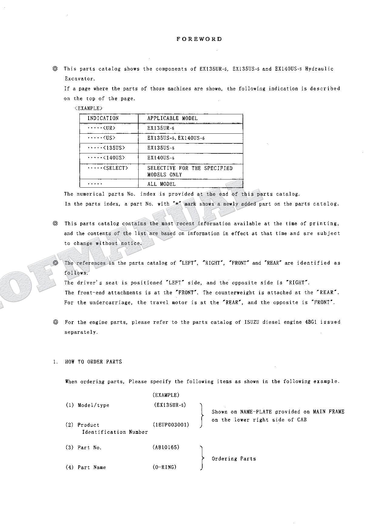 HITACHI EX135UR-5 EX135US-5 EX140US-5 Excavator Parts Catalog Manual