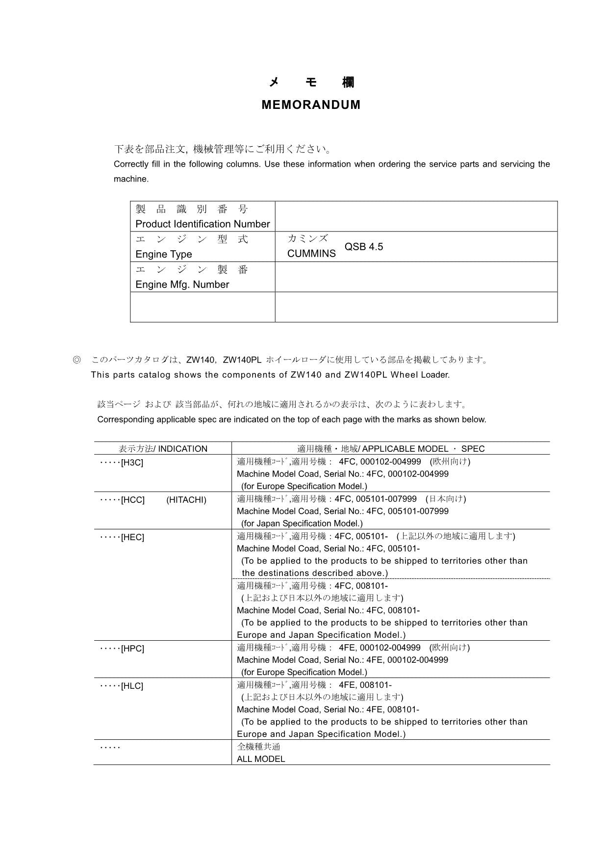Hitachi ZW140 ZW140PL Wheel Loader Parts Catalog Manual SN 000102-up