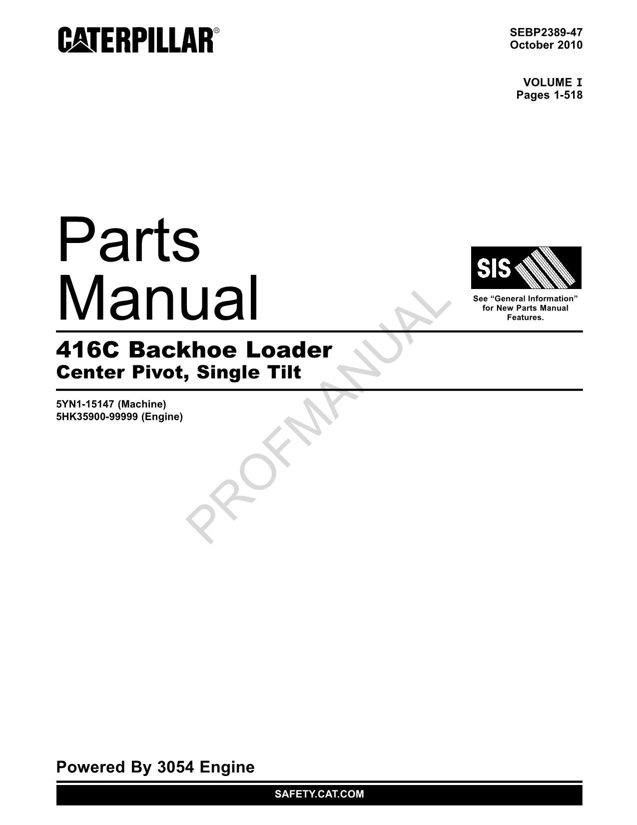 Caterpillar Cat 416C Backhoe Loader Center Pivot Parts Catalog Manual SEBP2389