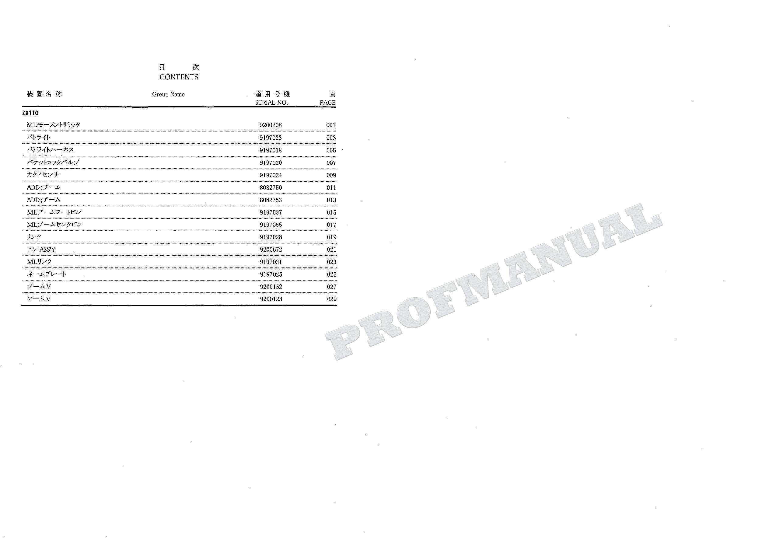 HITACHI ZAXIS ZX110 ZX110M ZX110-E ML Clane Excavator Parts Catalog Manual