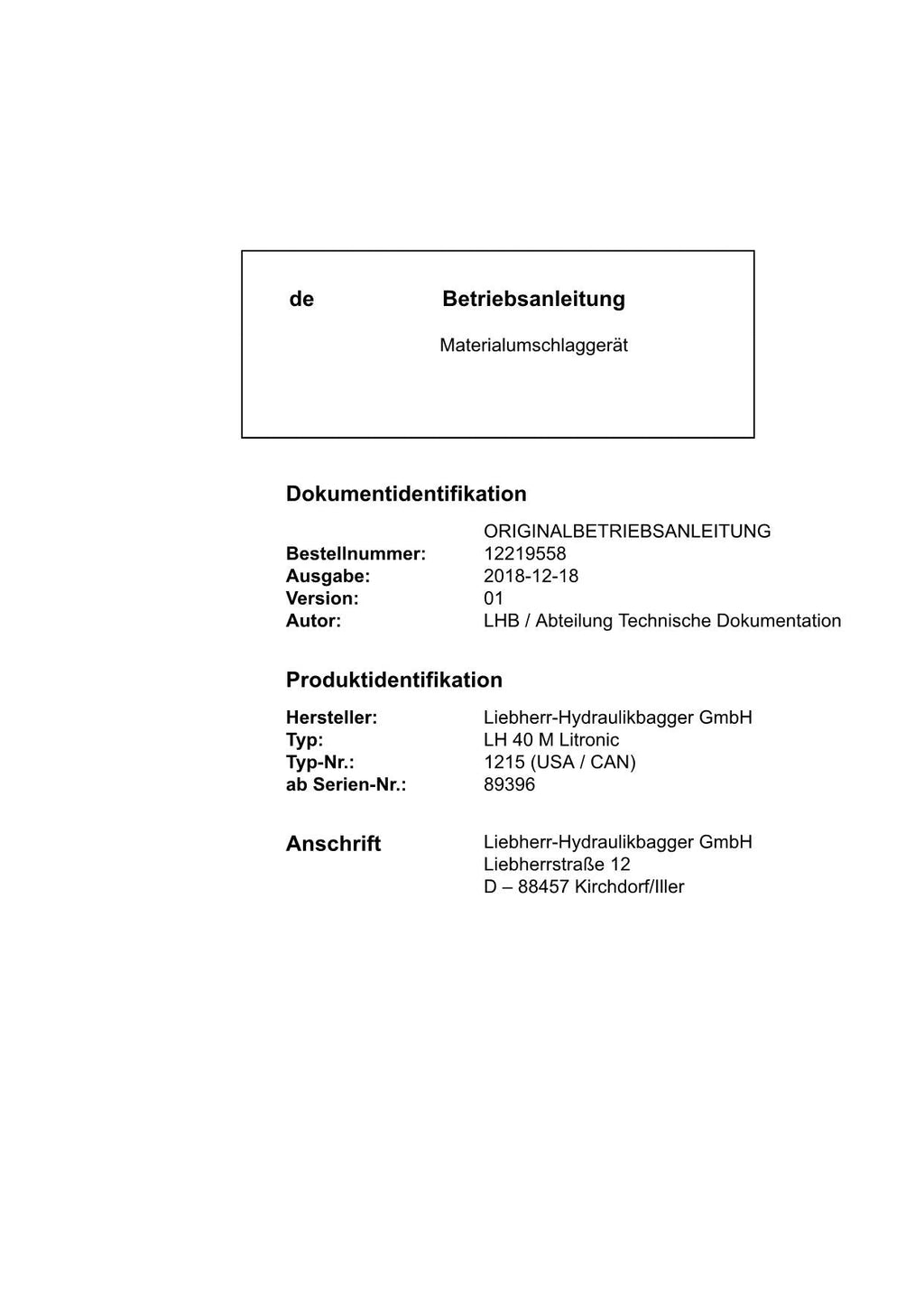 Liebherr LH40 M Litronic Materialumschlaggerät Betriebsanleitung typ 1215 RU