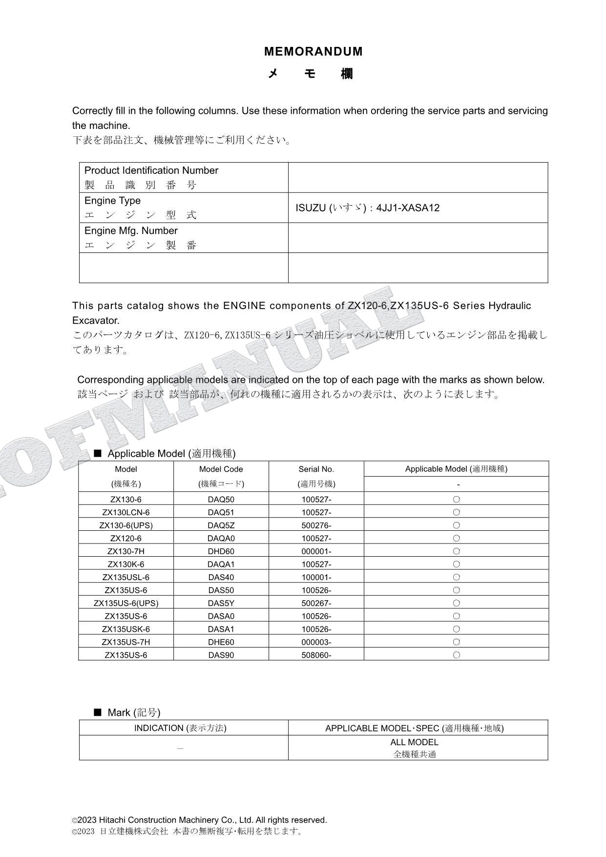 HITACHI ZX120-6 ZX135US-6 Series ISUZU 4JJ1-XASA12 Engine Parts Catalog Manual