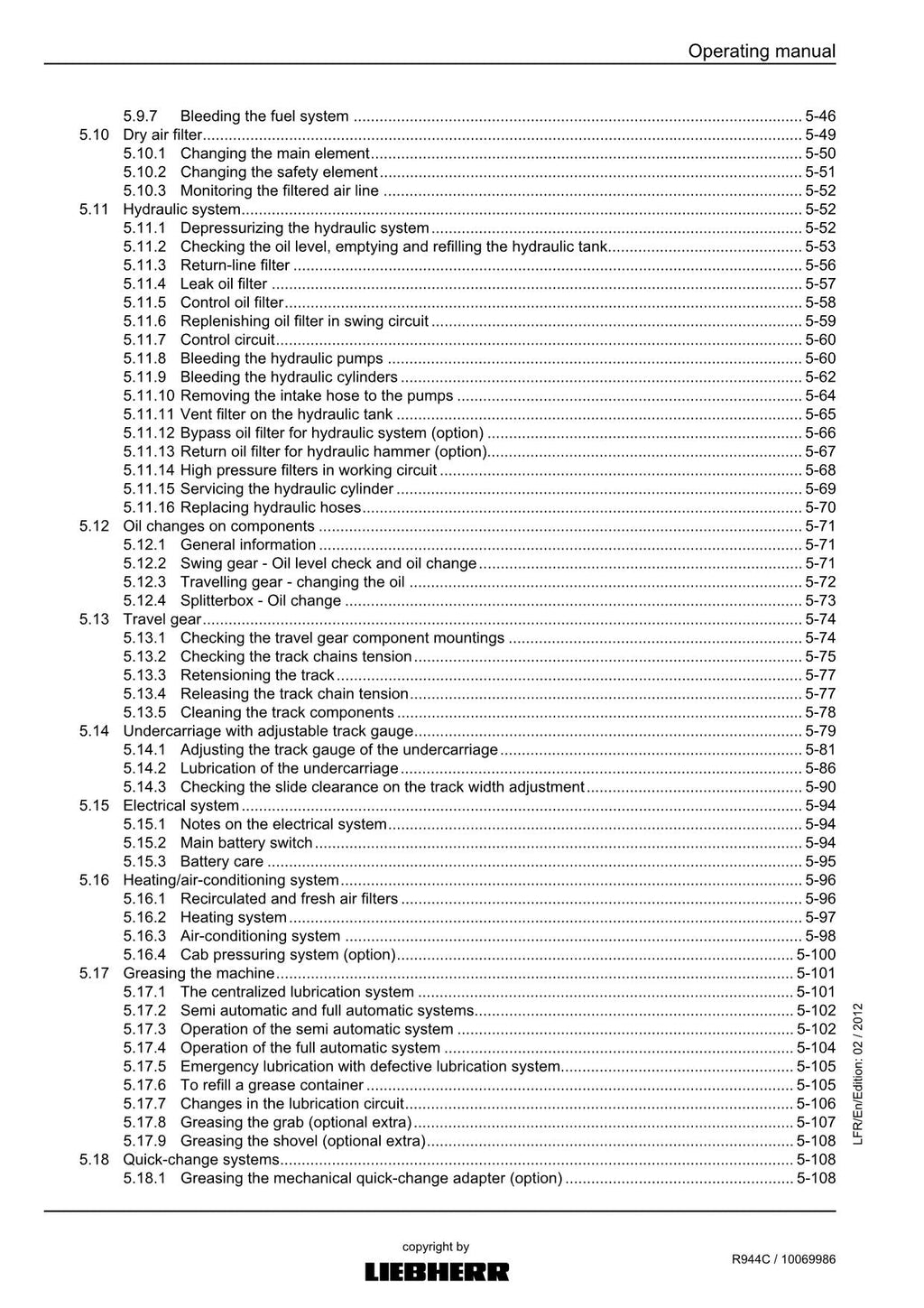 Liebherr R944 C Excavator Operators manual serial 31021