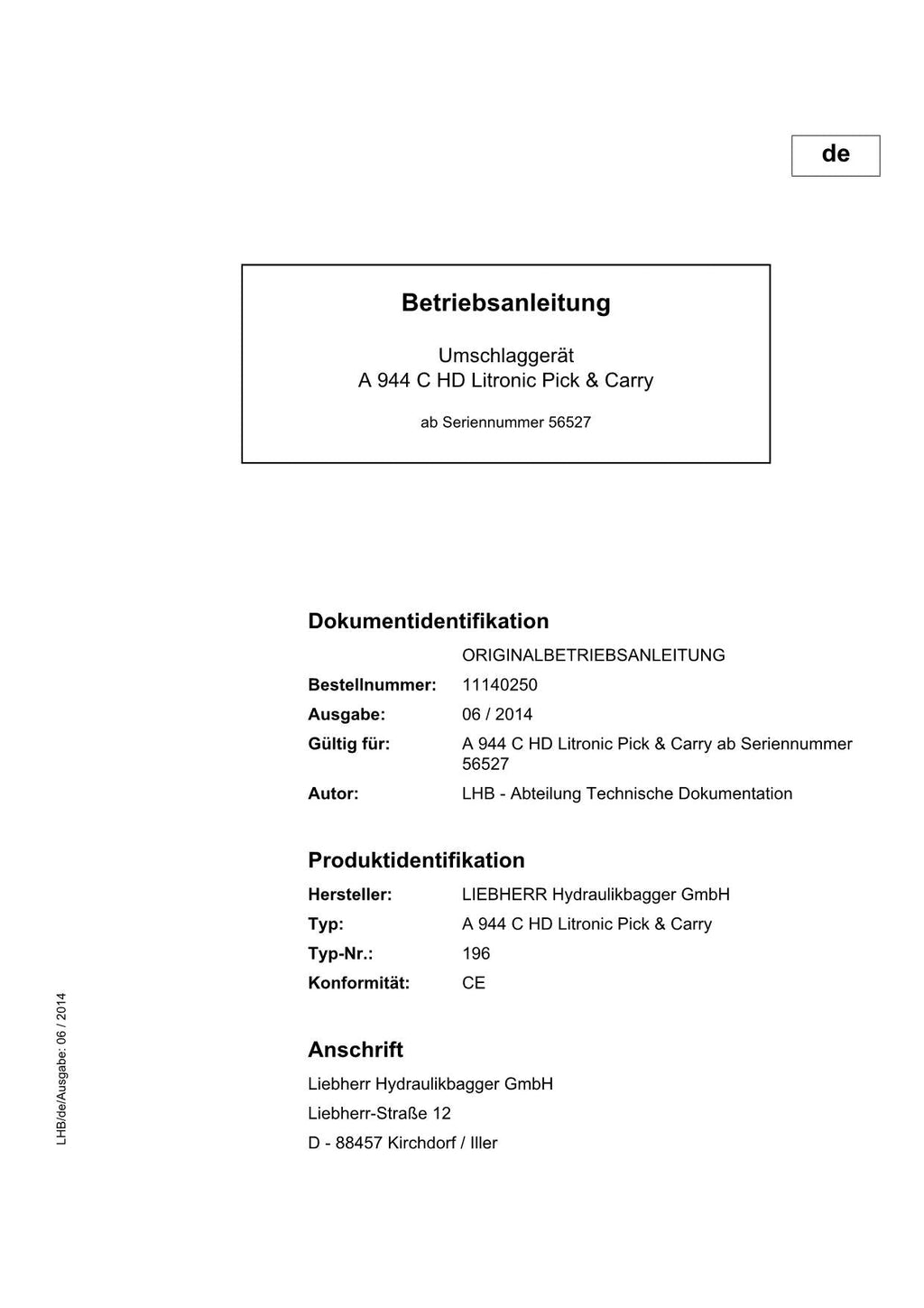 Liebherr A944 C HD Litronic Pick Carry Umschlaggerät Betriebsanleitung 11140250