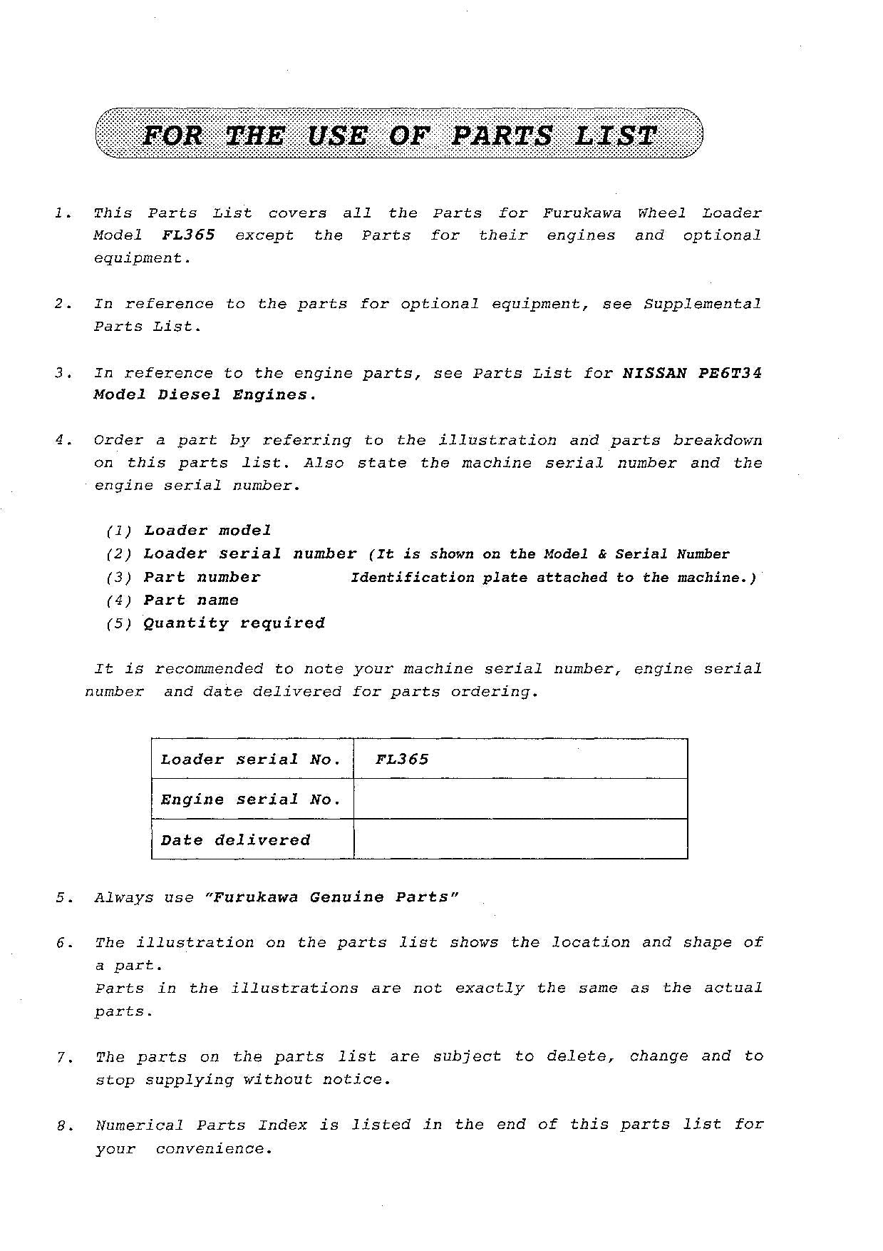 Hitachi FL365 Wheel Loader Parts Catalog Manual SN all