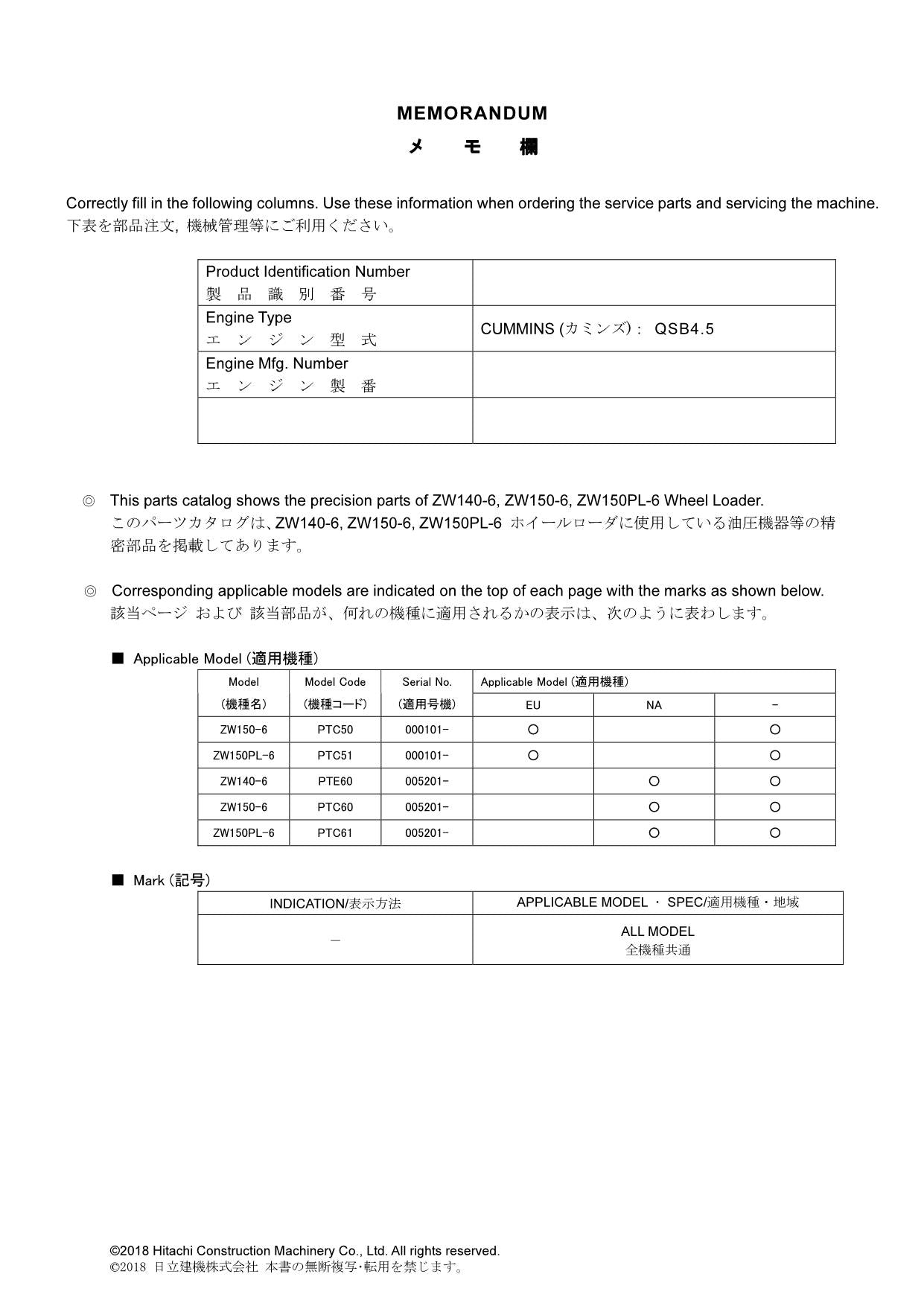Hitachi ZW140-6 ZW150-6 ZW150PL-6 Equip Comps Wheel Loader Parts Catalog Manual