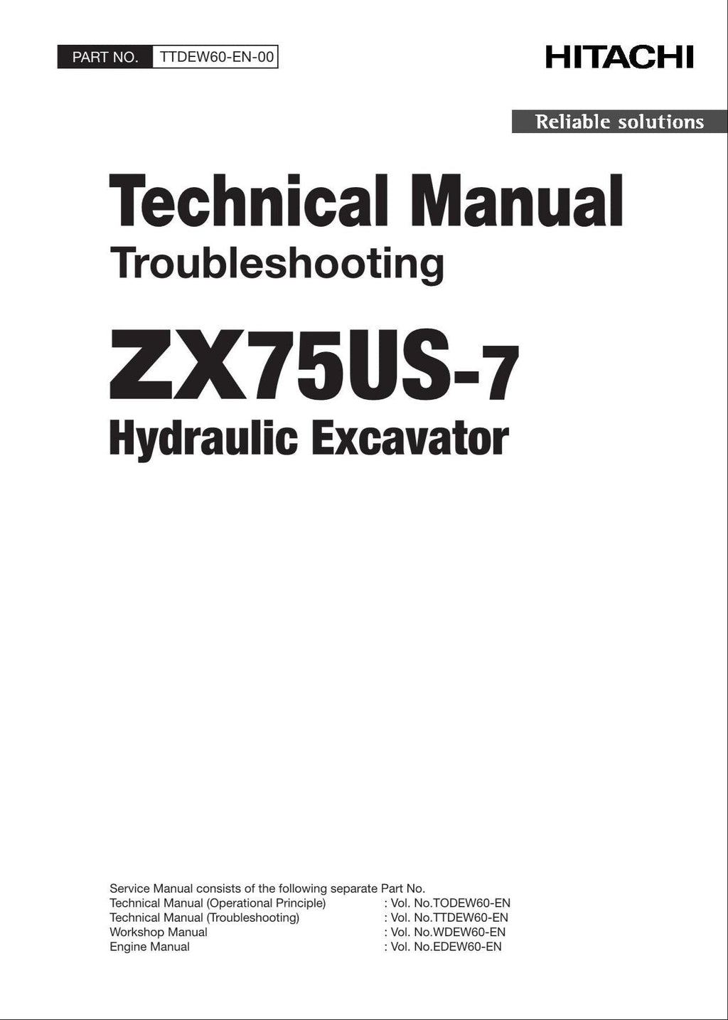 HITACHI ZX75US-7 Excavator Troubleshooting +Schematic Technical Manual TTDEW60